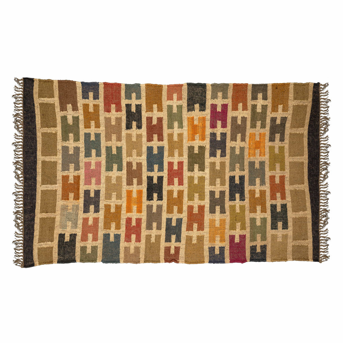 Handwoven Wool Jute Rug - Geometric H-Pattern Design with Natural Tassels
