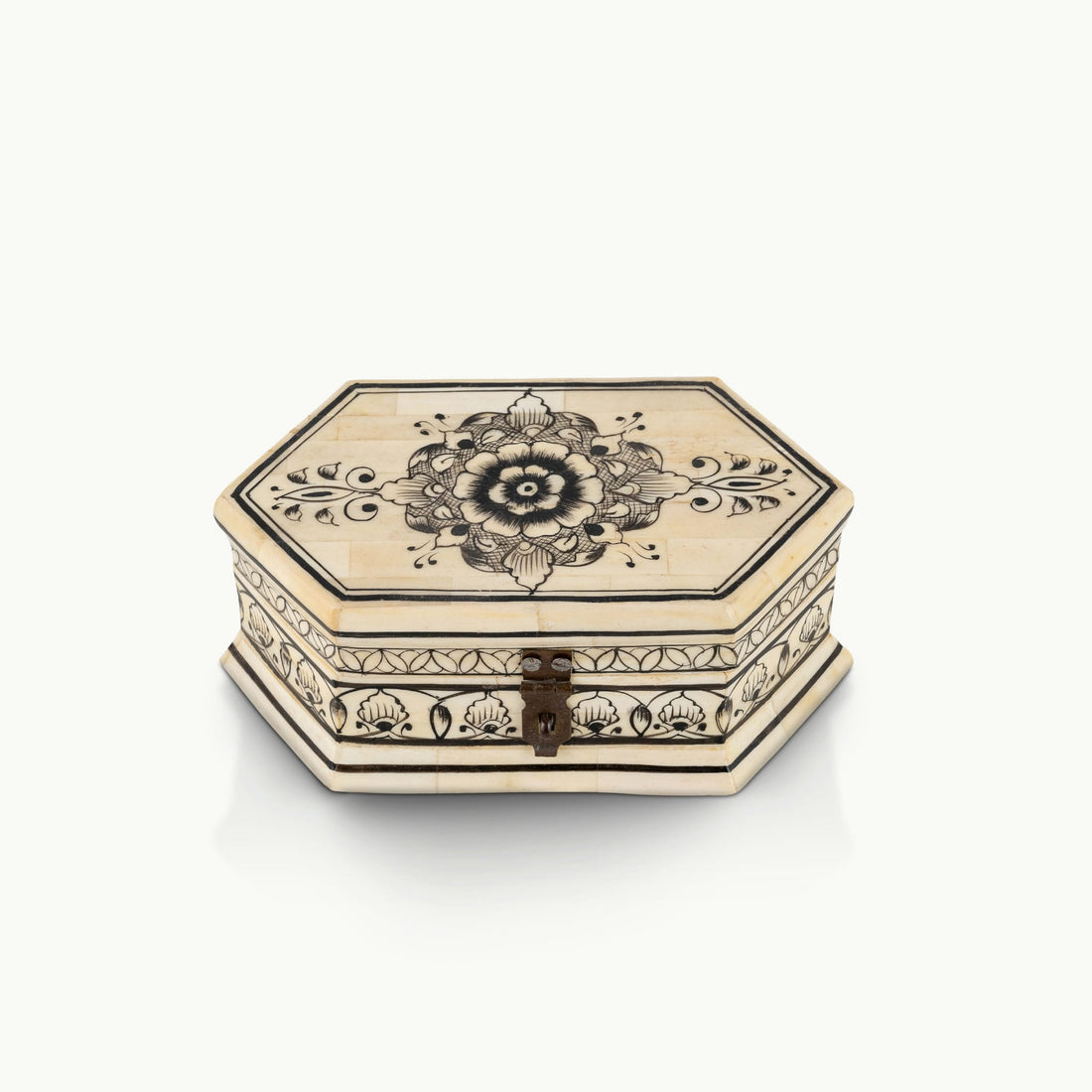 Octagonal painted camel bone box featuring black ink mandala motifs.