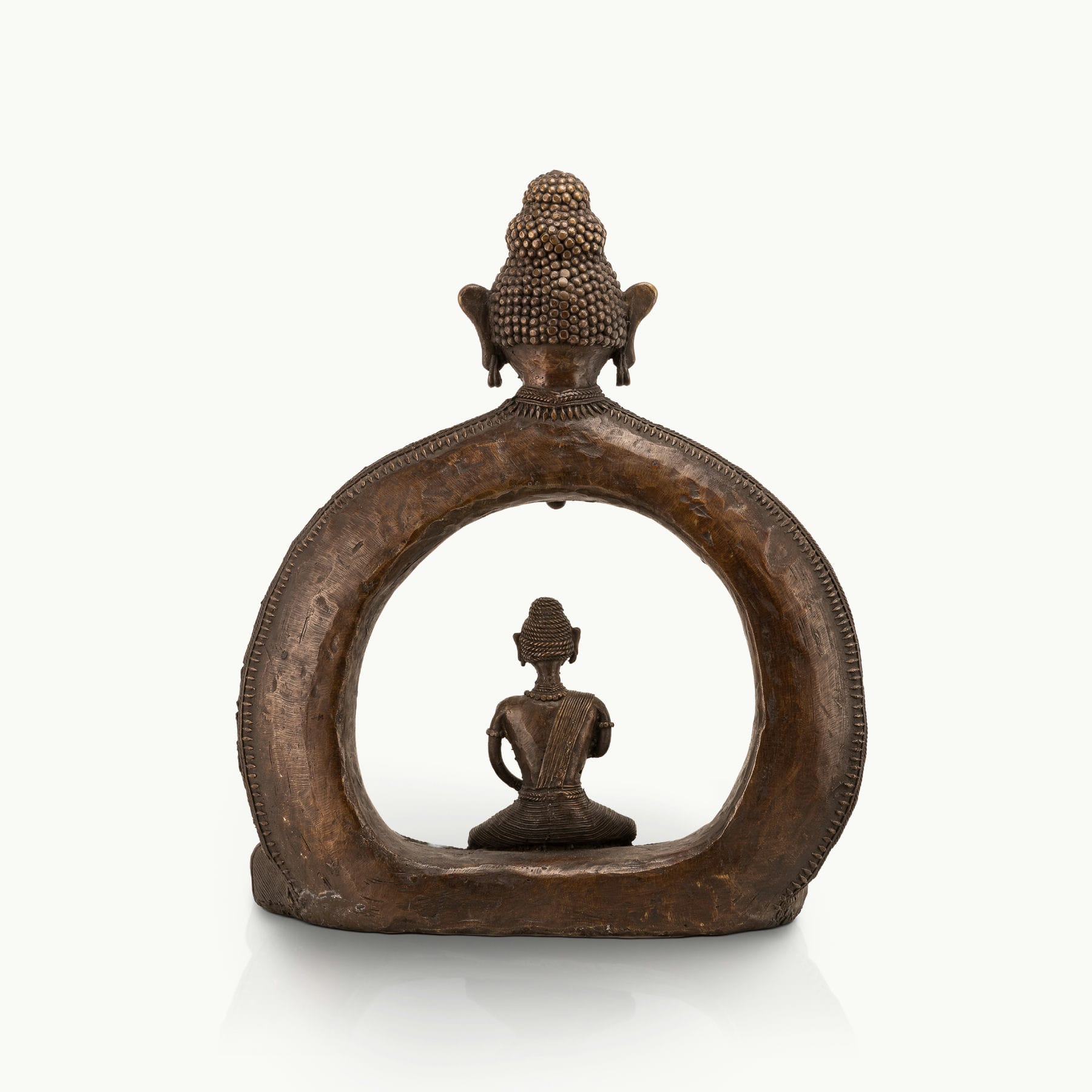 Cosmic enlightened figure decor seating a smaller meditating monk within an arch for a dedicated meditation room or zen garden.
