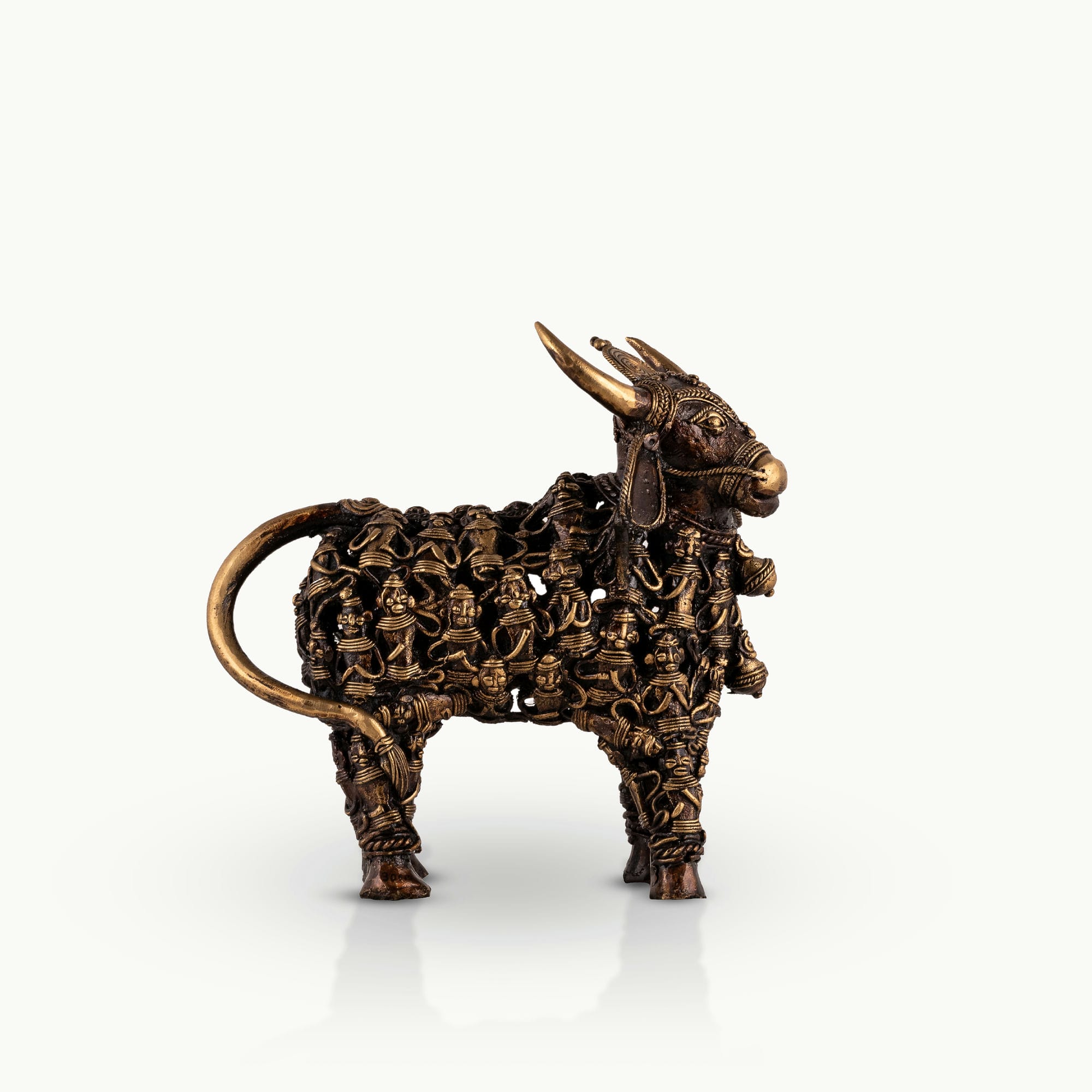 Dhokra Brass Bull Sculpture featuring an openwork matrix for an executive office credenza. 