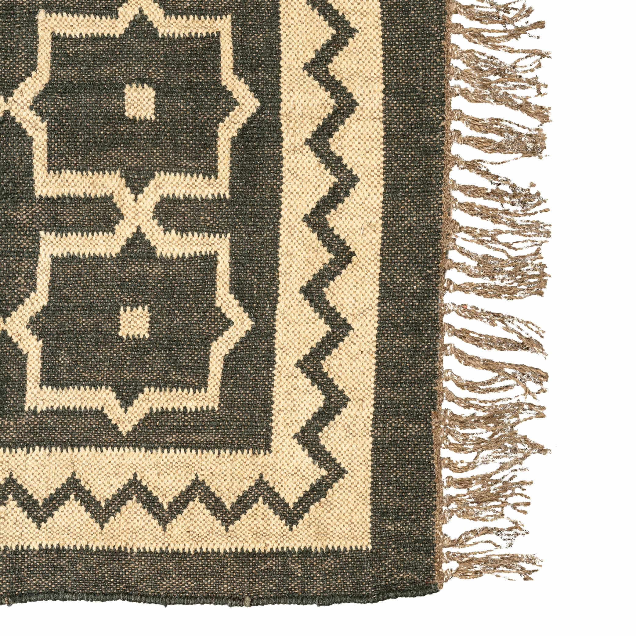 Handwoven Wool Jute Rug - Moroccan Geometric Border Design with Tassels