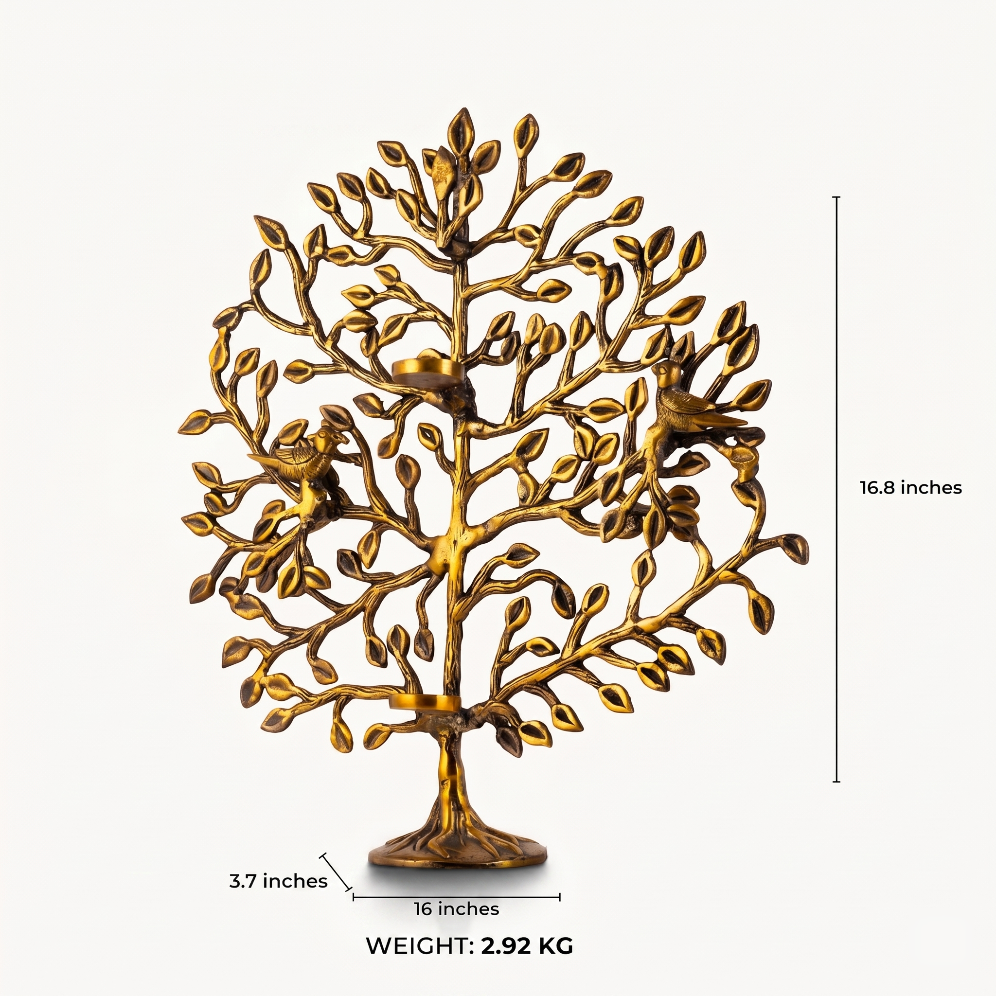 Brass tree of life sculpture with intricate branches and nesting birds.