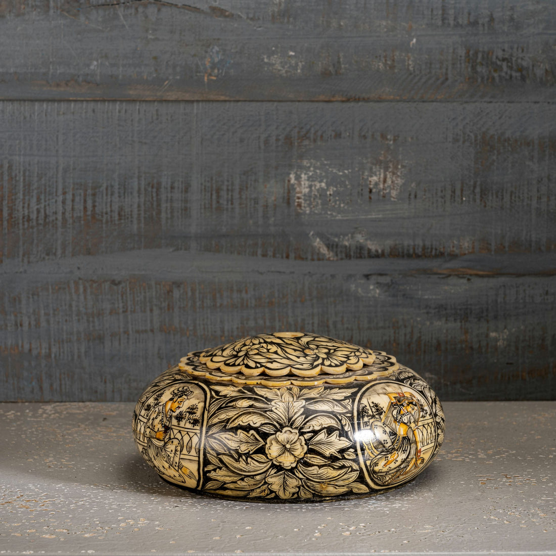 Black Etched Camel Bone Box: The Court Musician Mosaic