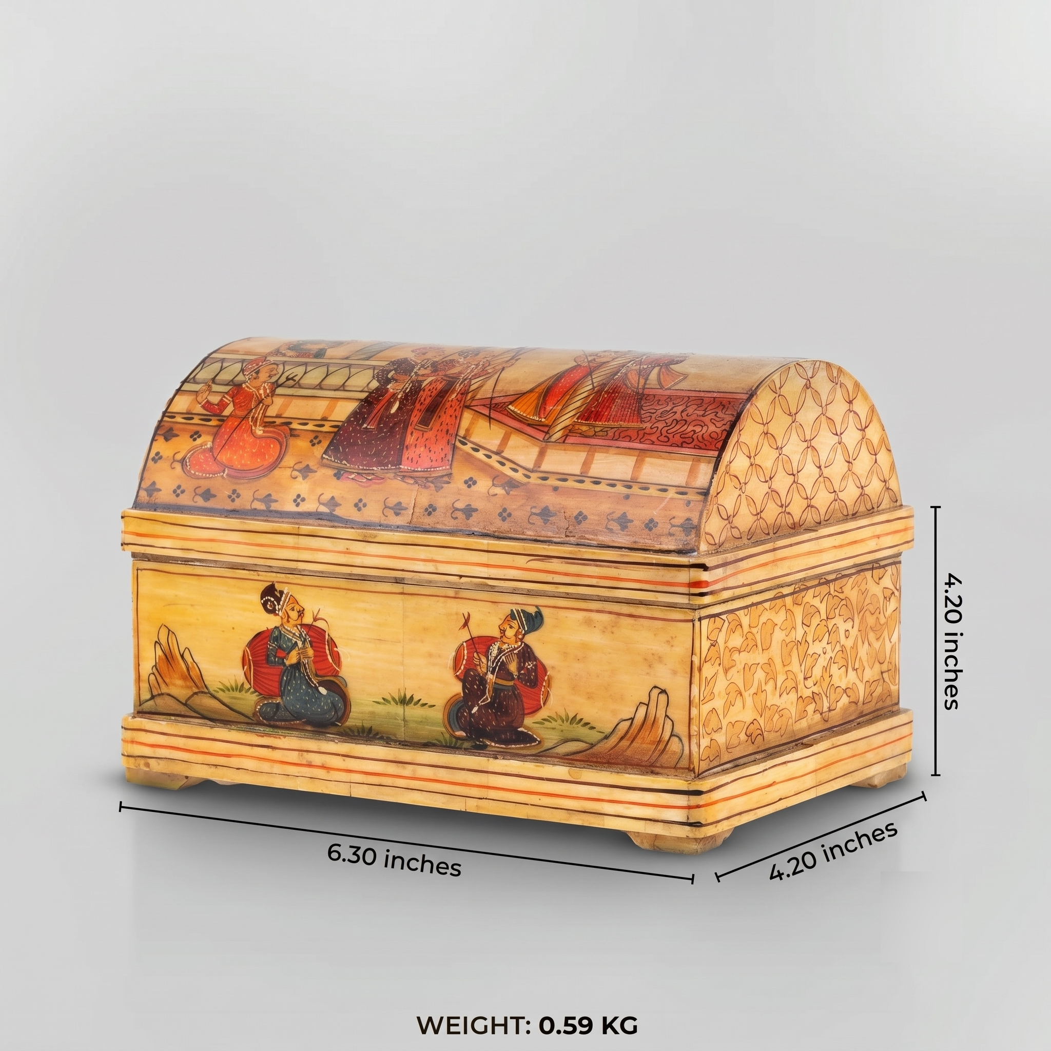 Hand-painted camel bone trunk featuring a royal court scene.