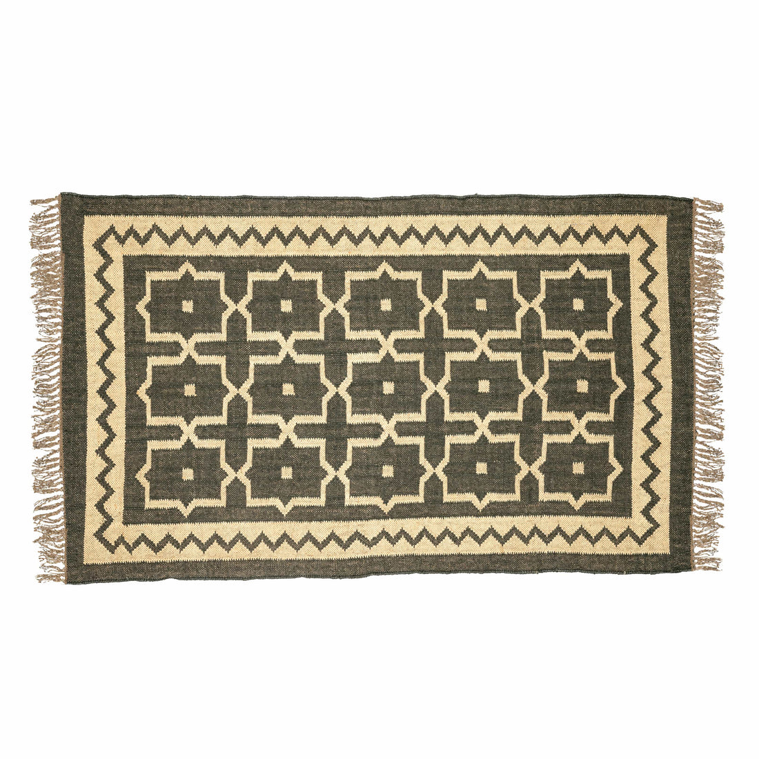 Handwoven Wool Jute Rug - Moroccan Geometric Border Design with Tassels