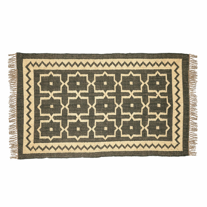Handwoven Wool Jute Rug - Moroccan Geometric Border Design with Tassels