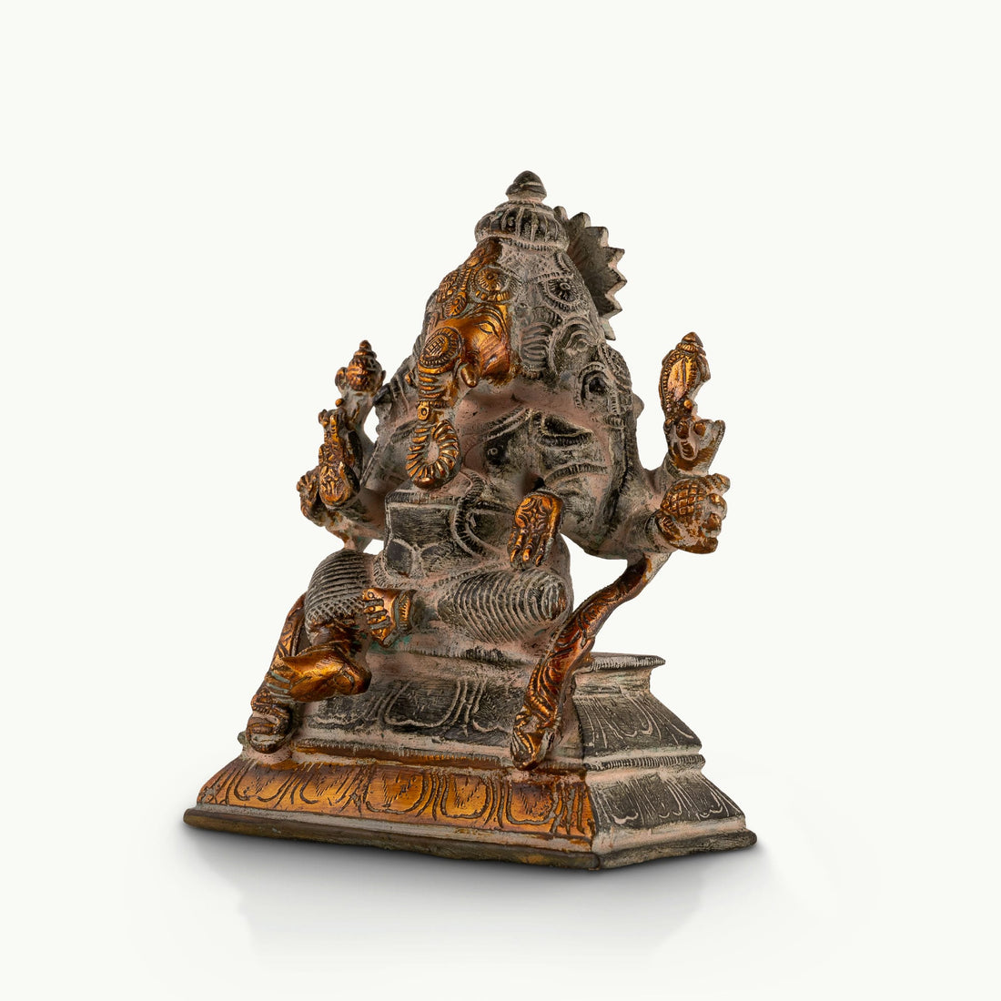 Dual-Tone Brass Ganesha Statue seated in Lalitasana for an east-facing puja altar. 