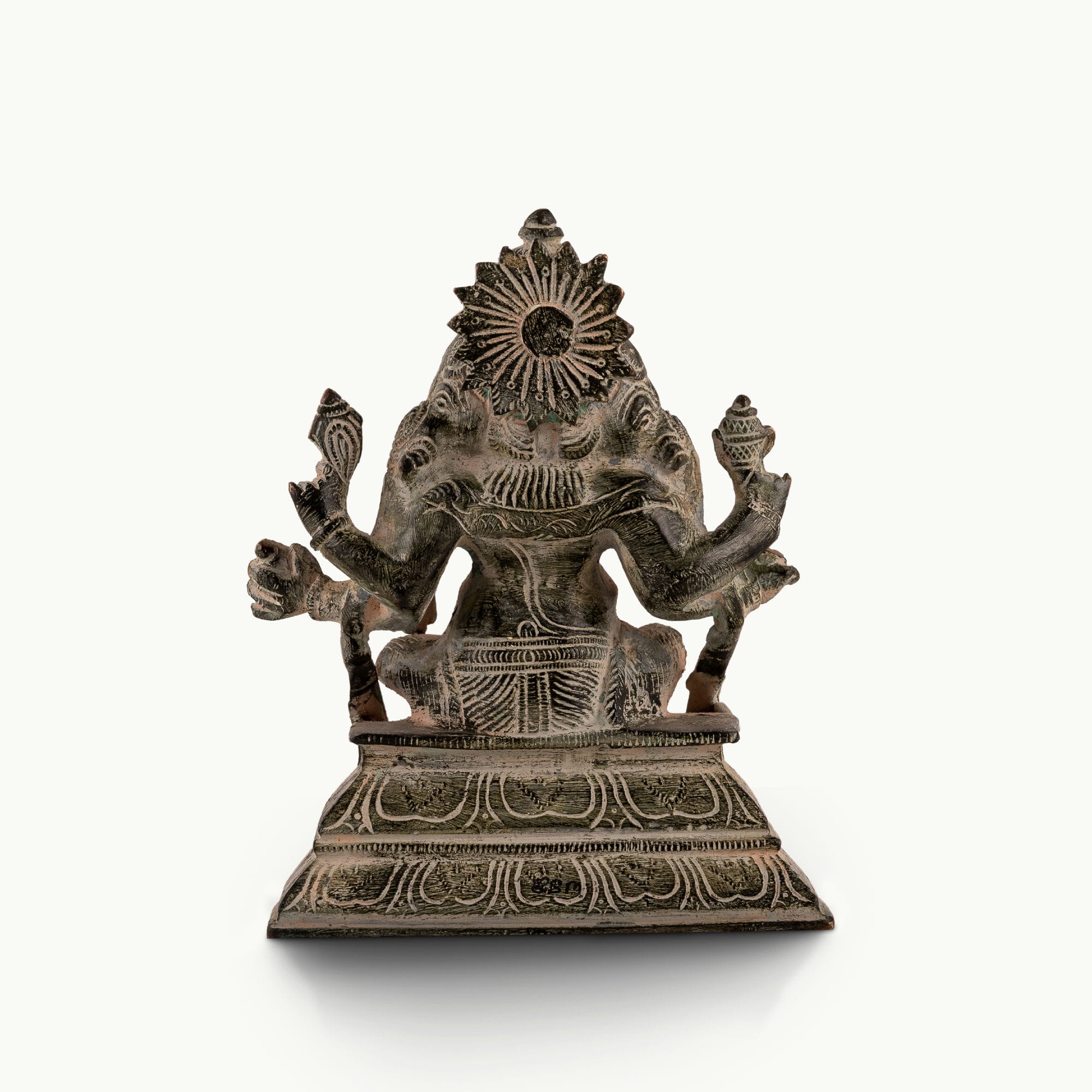 Dual-Tone Brass Ganesha Statue seated in Lalitasana for an east-facing puja altar. 