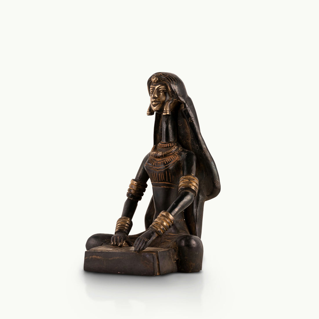Tribal Brass Musician Sculpture playing a traditional box instrument for a minimalist console. 