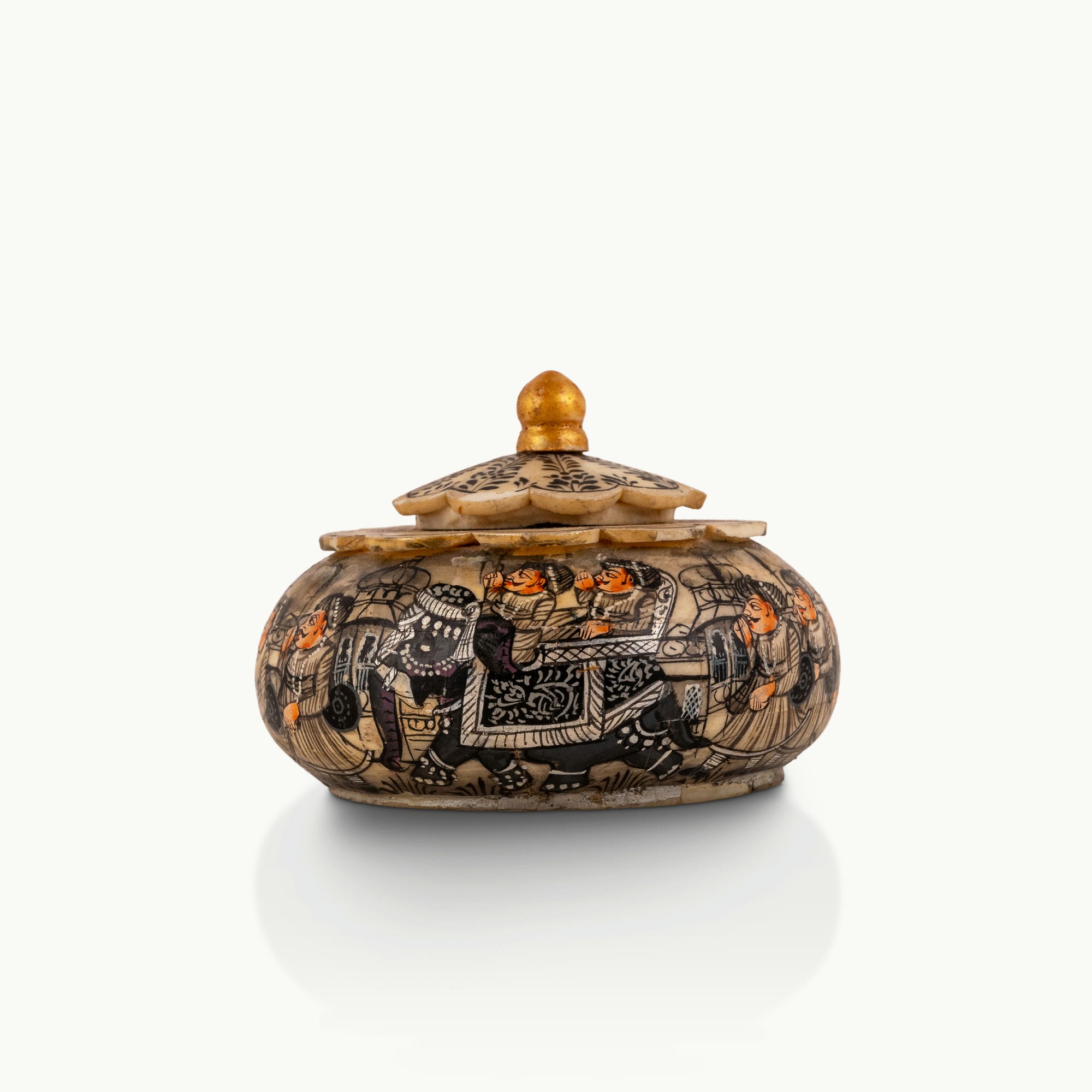 Antique monochrome painted bone art trinket box with gilded finial