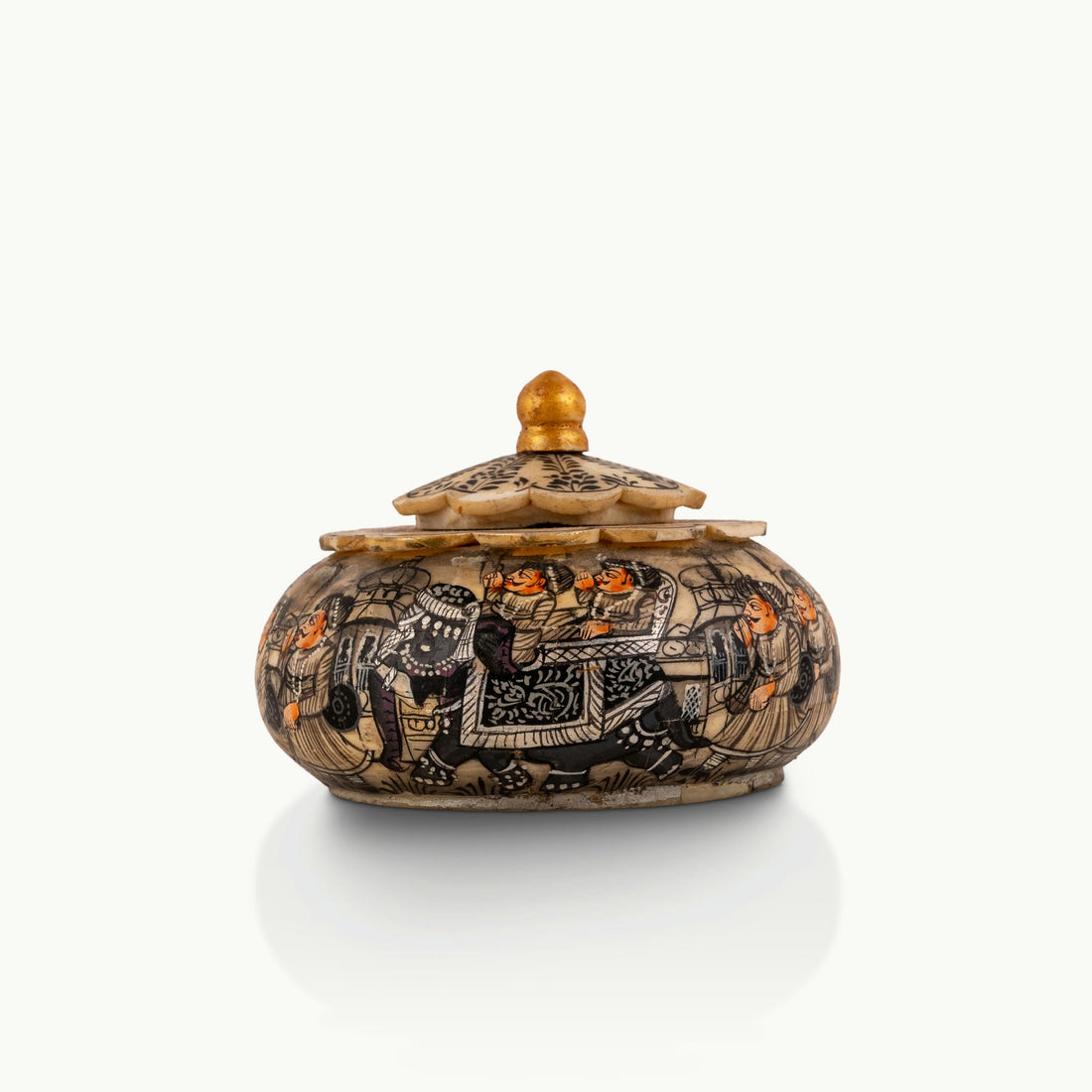 Antique monochrome painted bone art trinket box with gilded finial