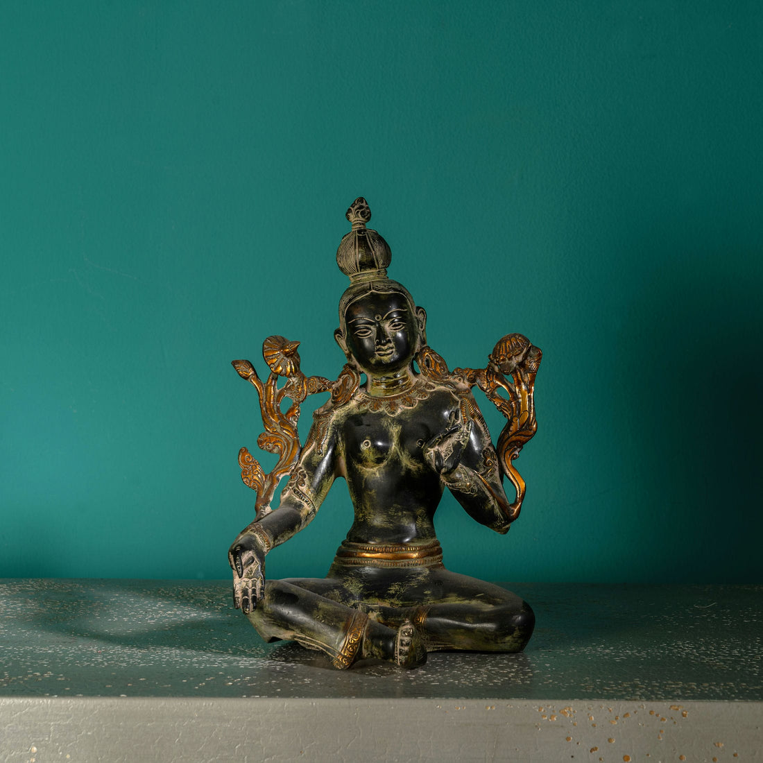 Black Brass Seated Tara Statue: The Obsidian Bloom