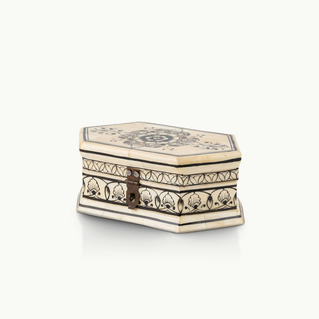 Octagonal painted camel bone box featuring black ink mandala motifs.