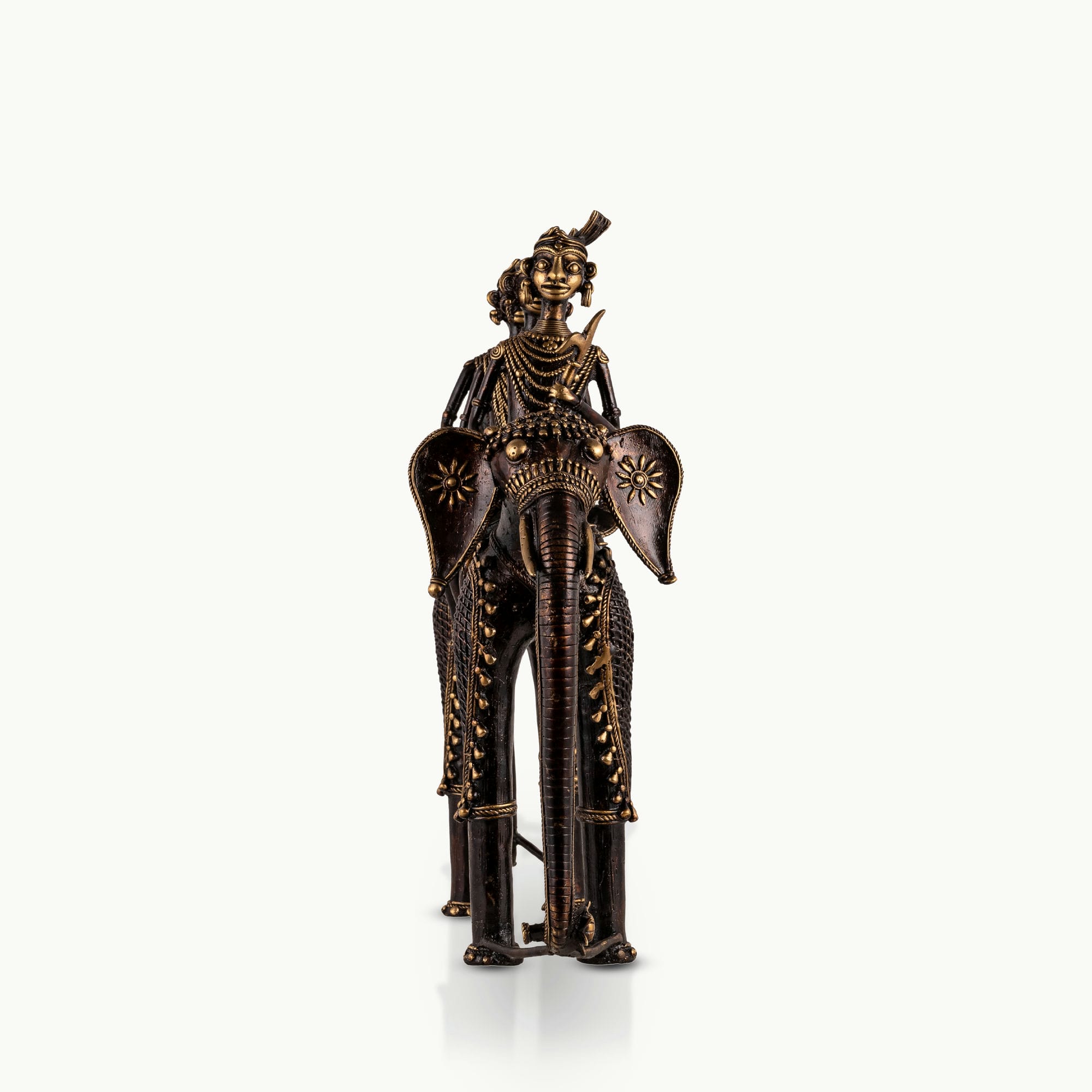 Dhokra Brass Processional Elephant Sculpture carrying three riders for a rustic wooden console