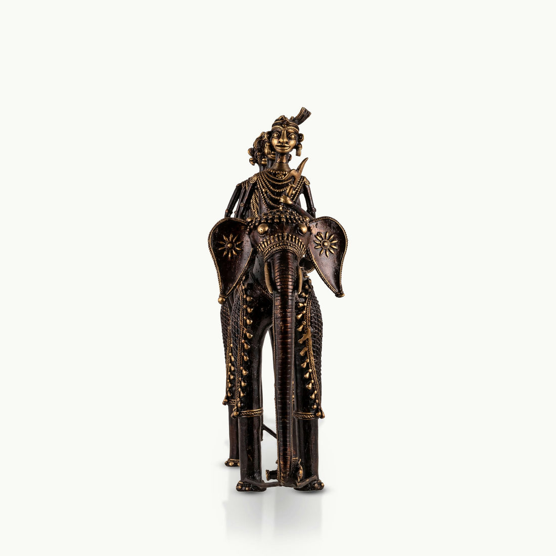 Dhokra Brass Processional Elephant Sculpture carrying three riders for a rustic wooden console