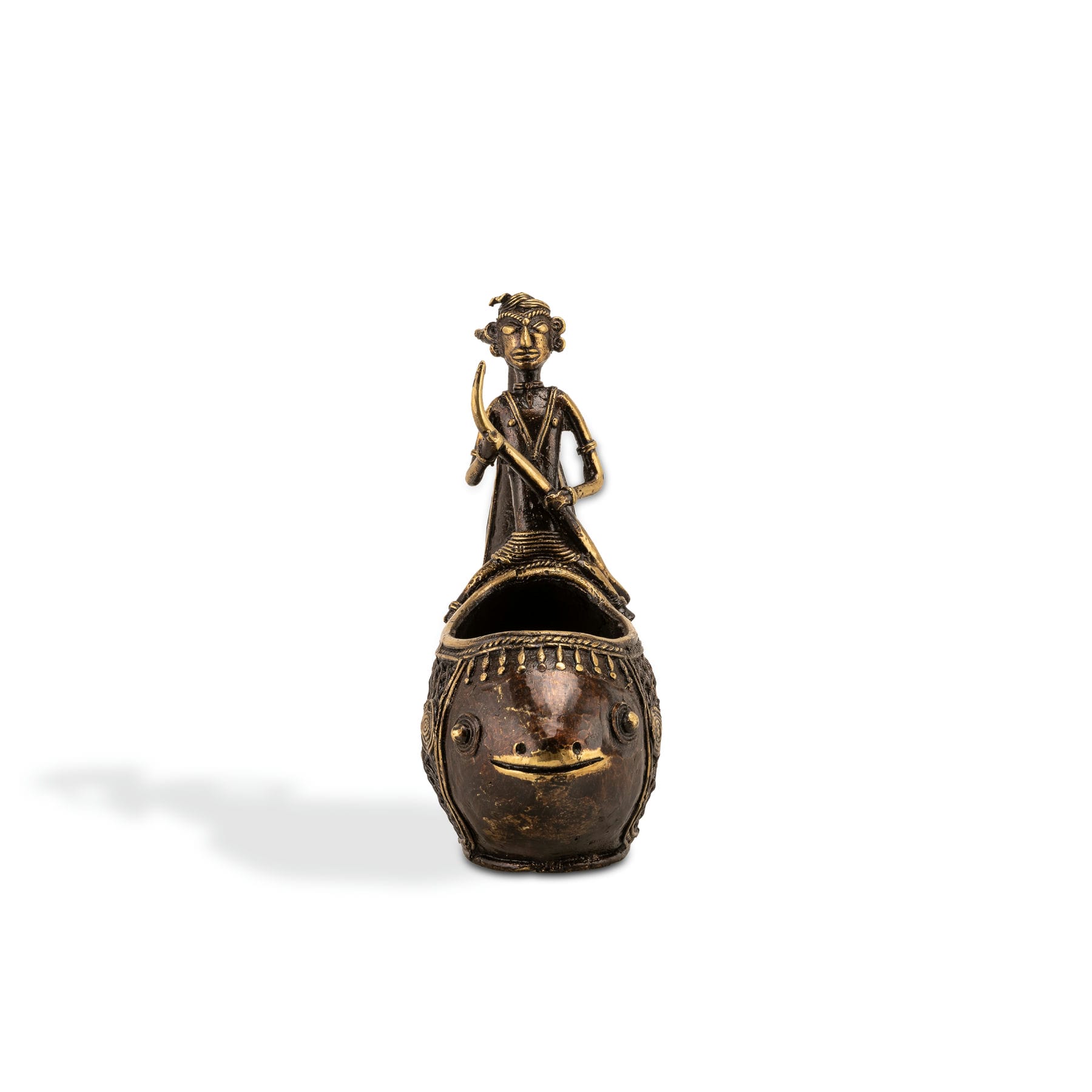 Tribal metal river vessel detailed with open-weave hull and a stylized boatman for a living room windowsill or traditional festive lighting.