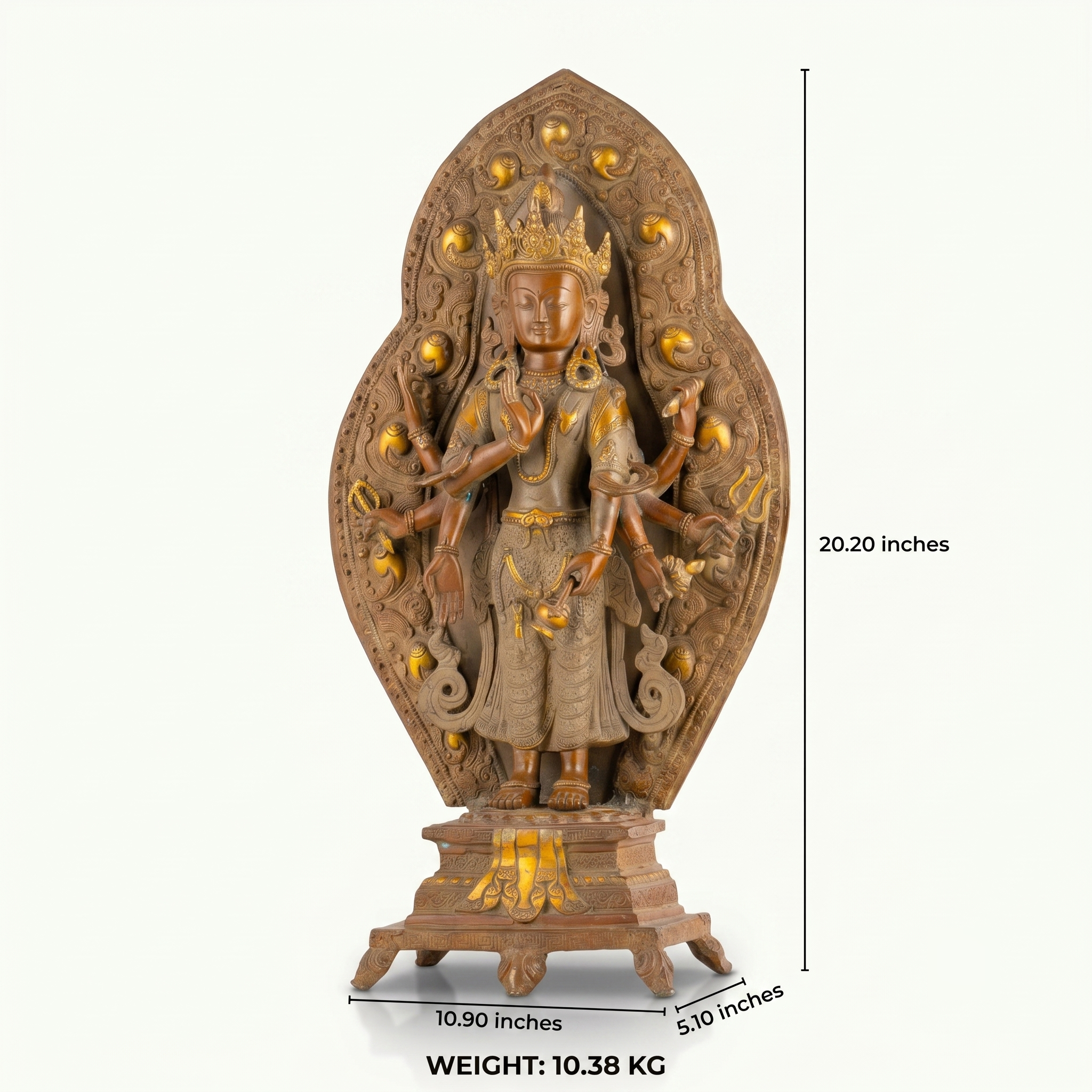 Tall multi-armed brass Tara statue featuring an intricately carved golden halo.