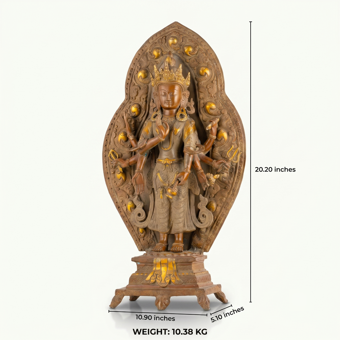 Tall multi-armed brass Tara statue featuring an intricately carved golden halo.