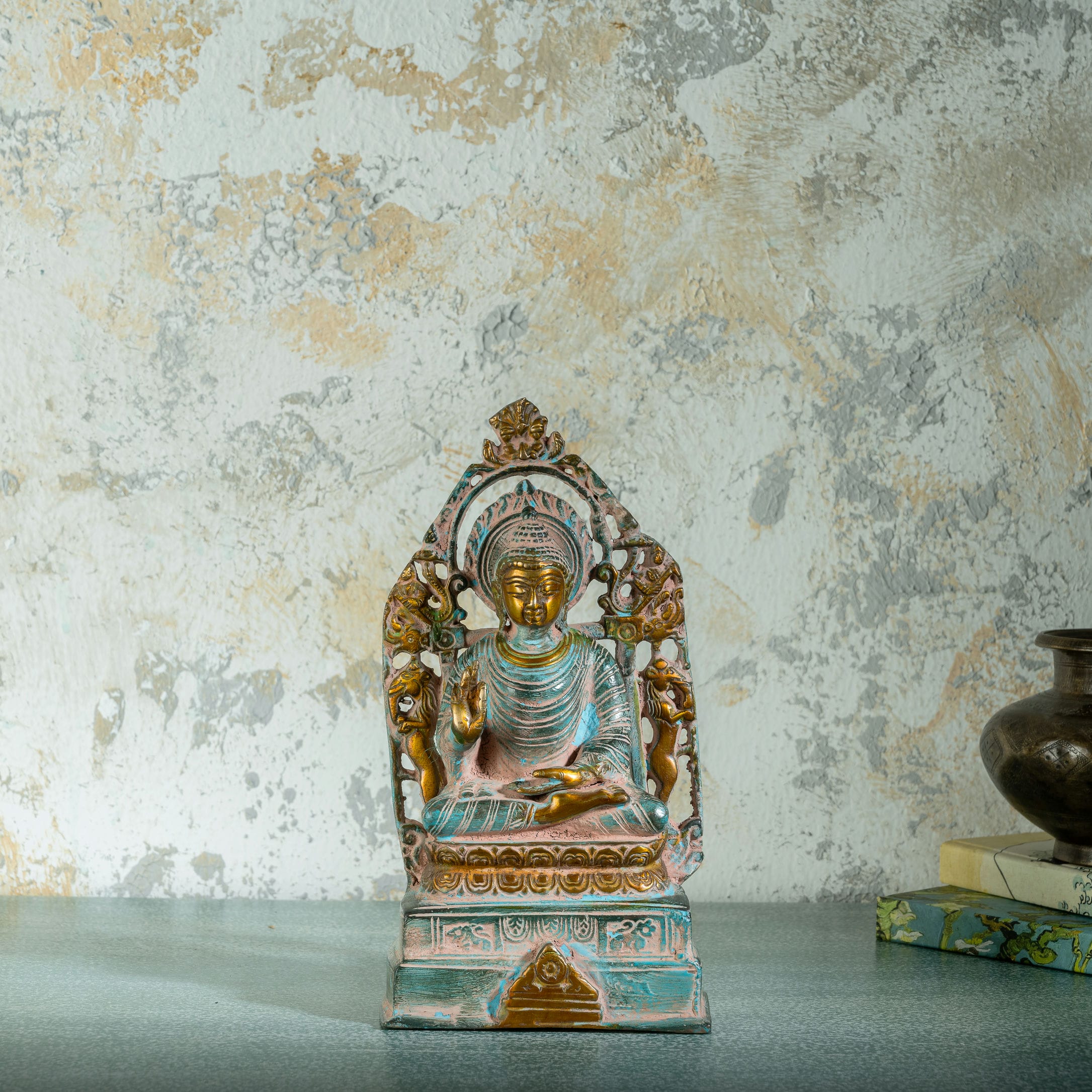Distressed Brass Buddha Statue with Halo: The Excavated Guardian