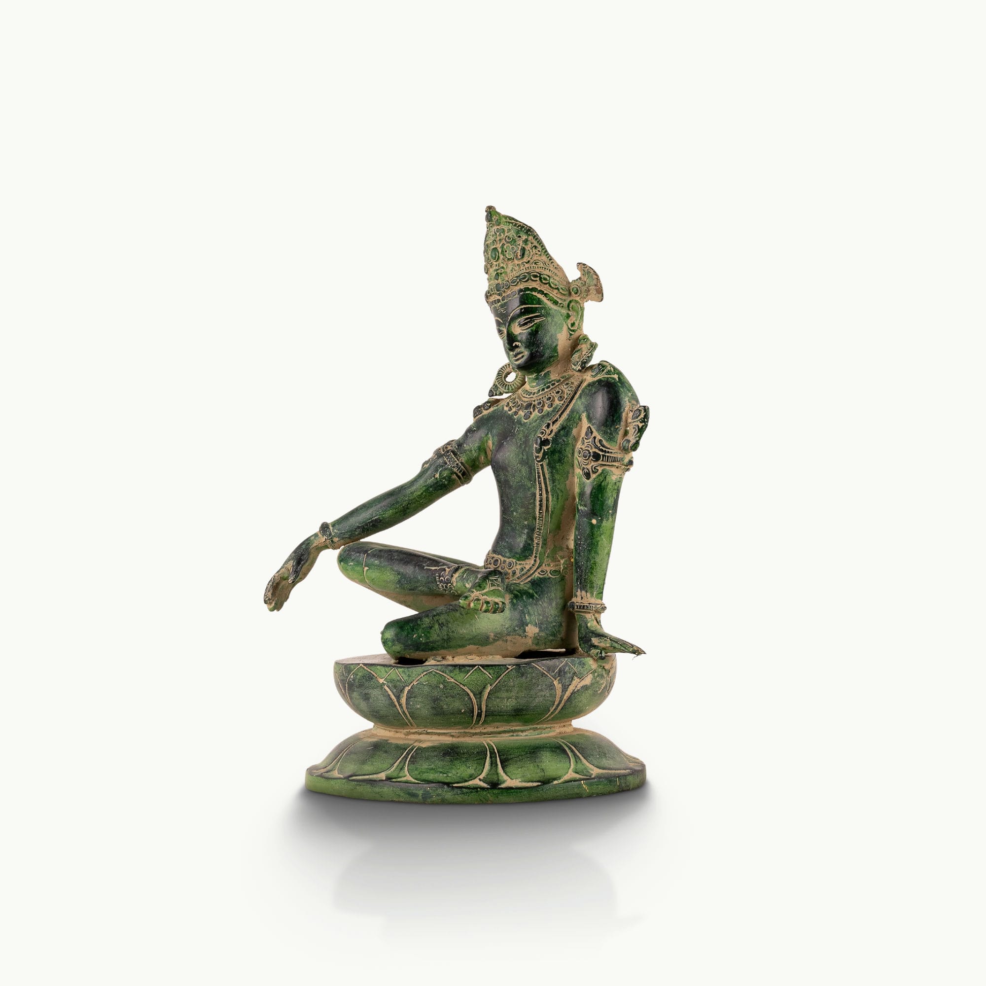 Verdigris finish seated bodhisattva or devi on lotus base