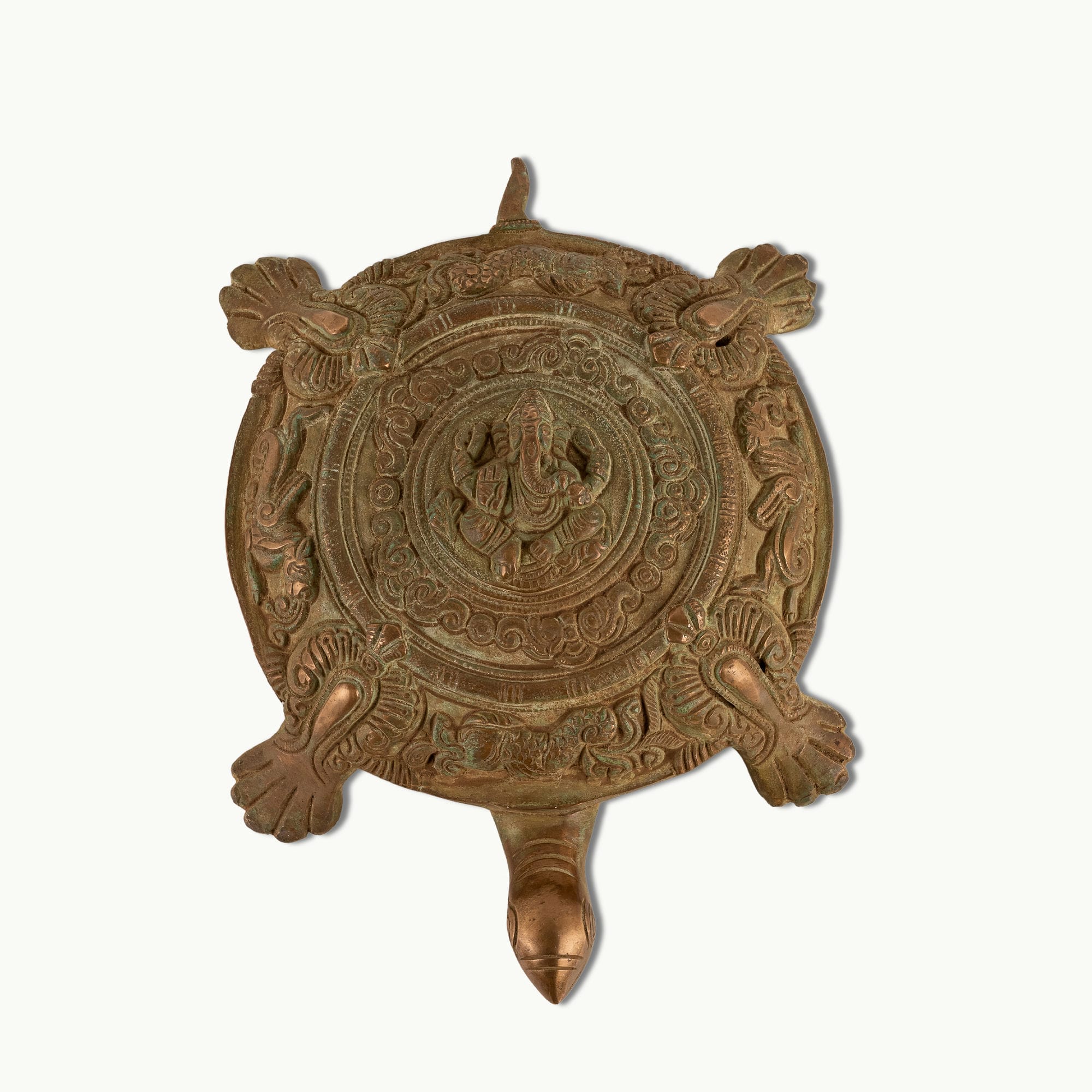 Brass Ganesha Tortoise Idol featuring chased mandalas for a home altar or entrance