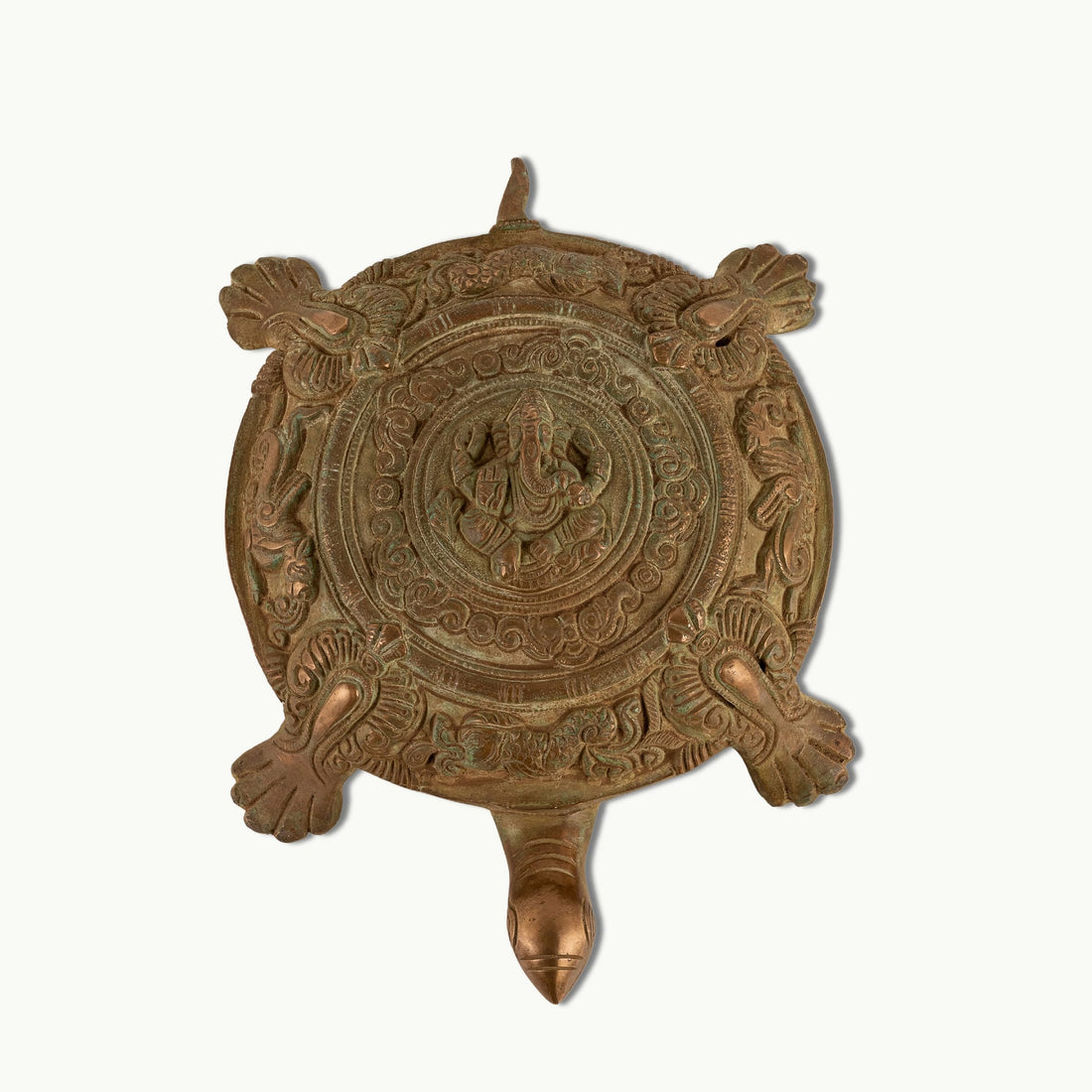Brass Ganesha Tortoise Idol featuring chased mandalas for a home altar or entrance