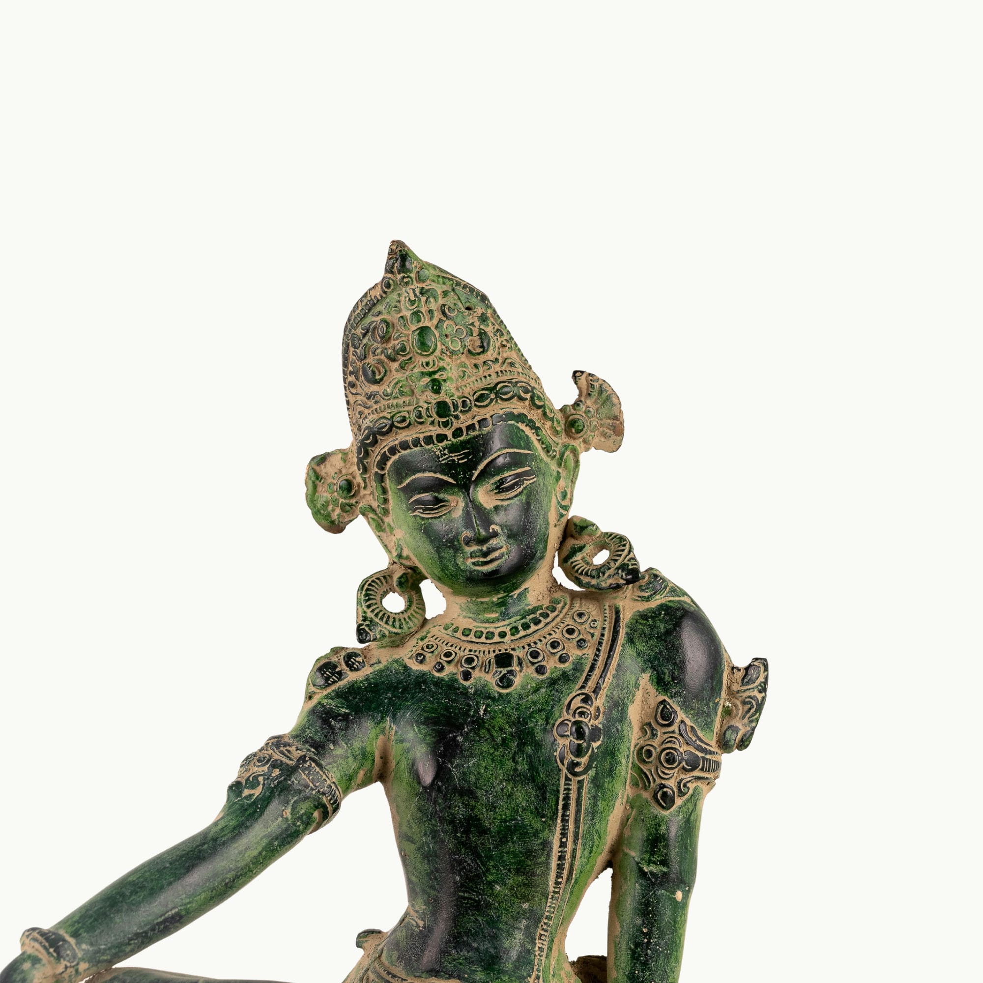 Verdigris finish seated bodhisattva or devi on lotus base