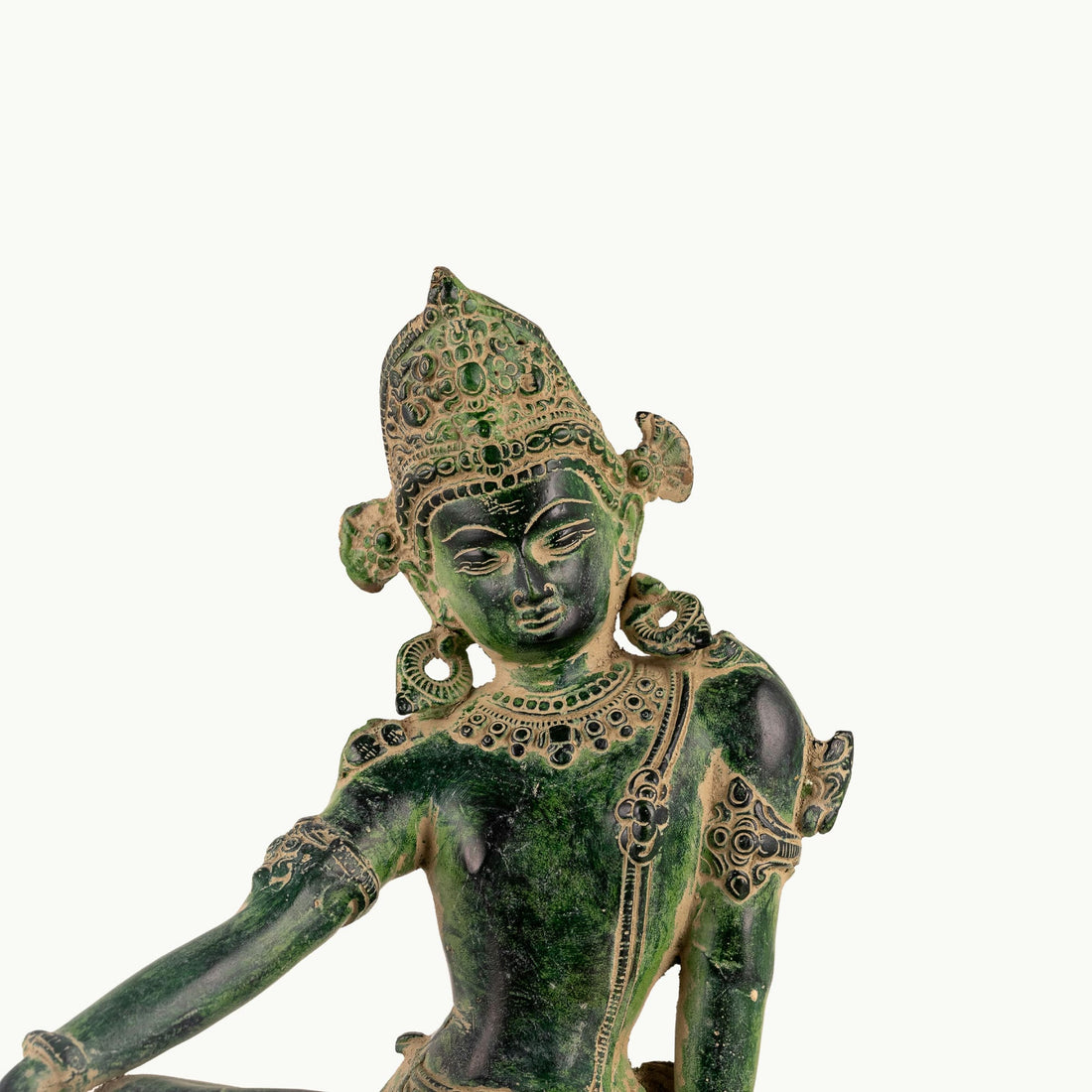 Verdigris finish seated bodhisattva or devi on lotus base