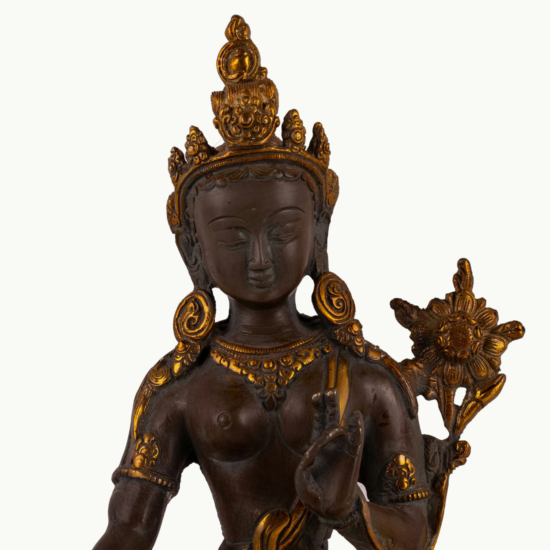 Antique gilded bronze seated bodhisattva with lotus blossom