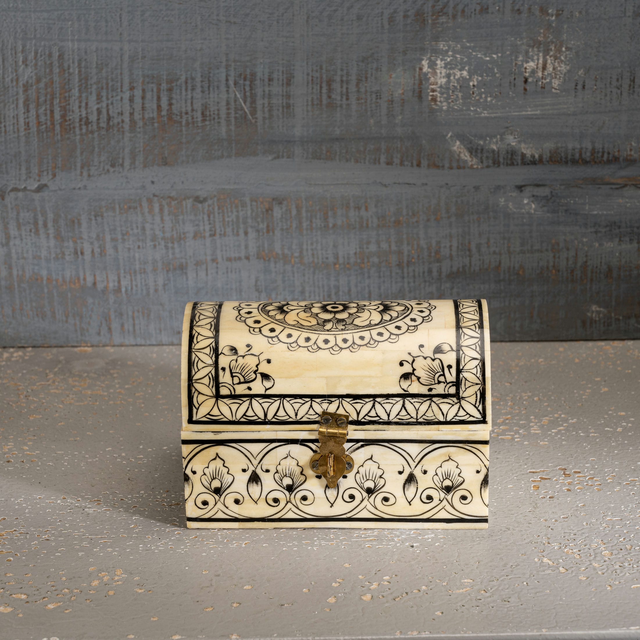 Bone/Resin Composite Domed Chest with Hand-Painted Floral Scrollwork