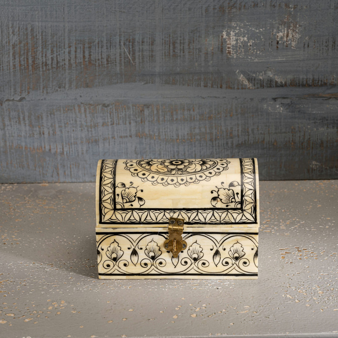 Bone/Resin Composite Domed Chest with Hand-Painted Floral Scrollwork