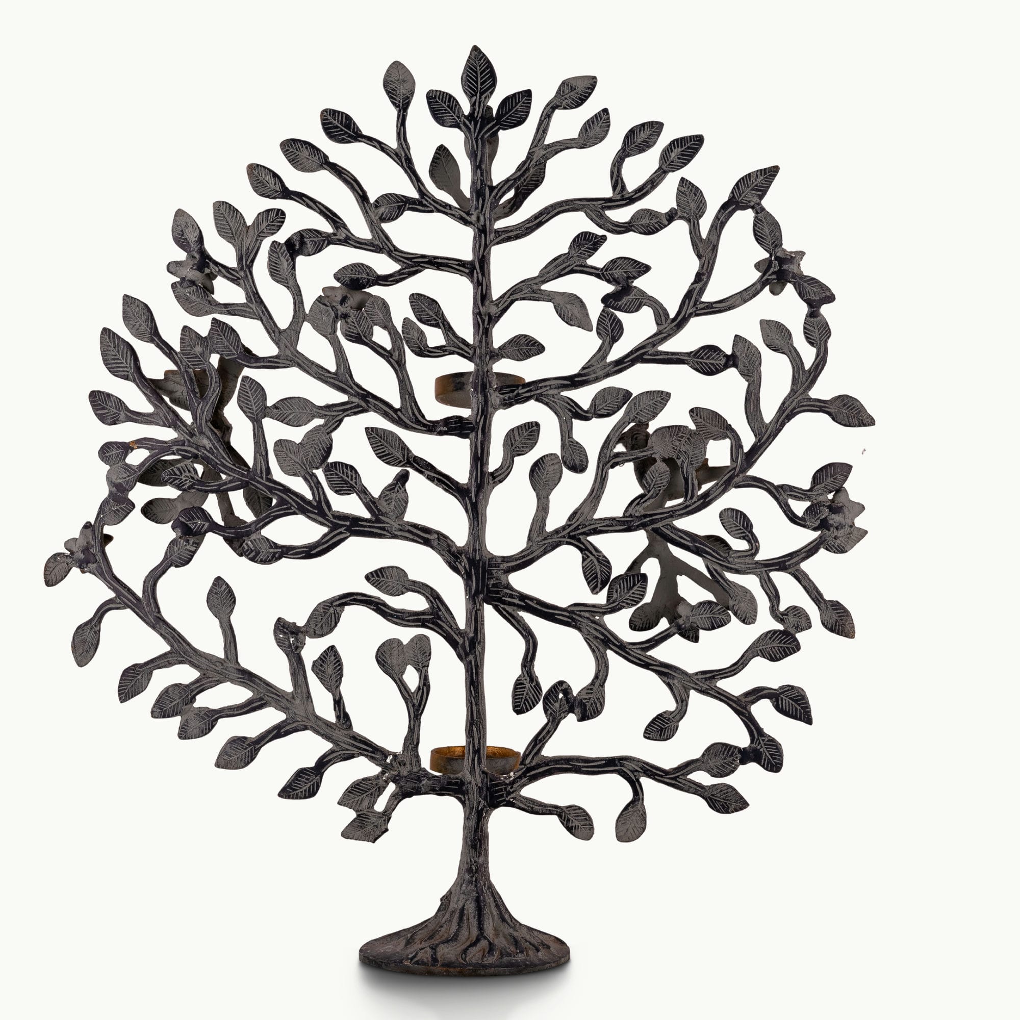 Dual-tone brass tree tealight holder with dark oxidized branches and golden birds.