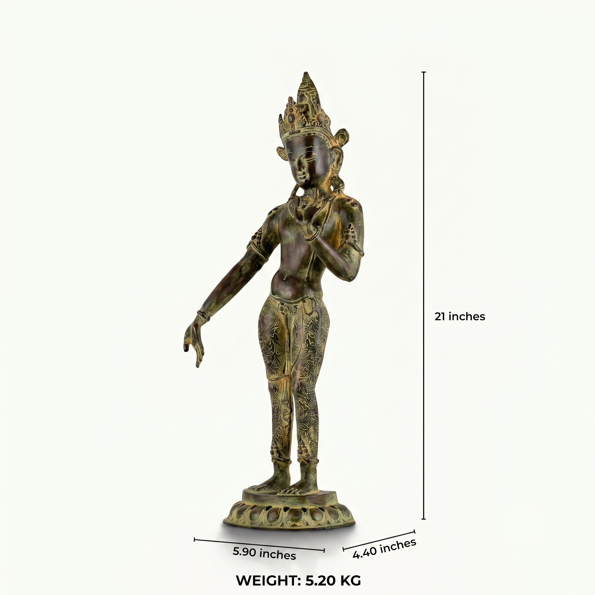 Engraved brass standing Devi statue in a graceful three-bend posture with a chased botanical dhoti.