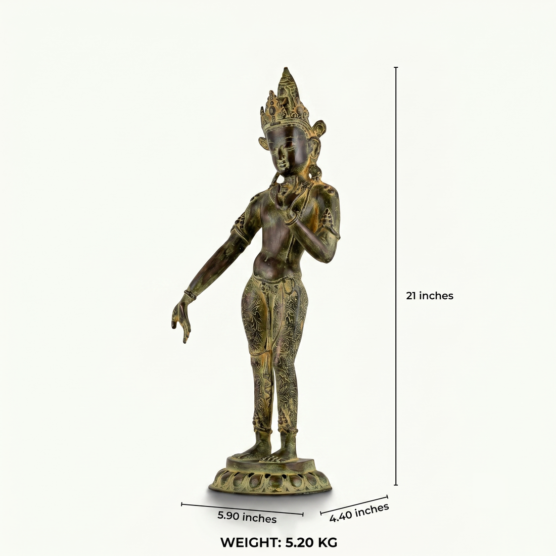 Engraved brass standing Devi statue in a graceful three-bend posture with a chased botanical dhoti.