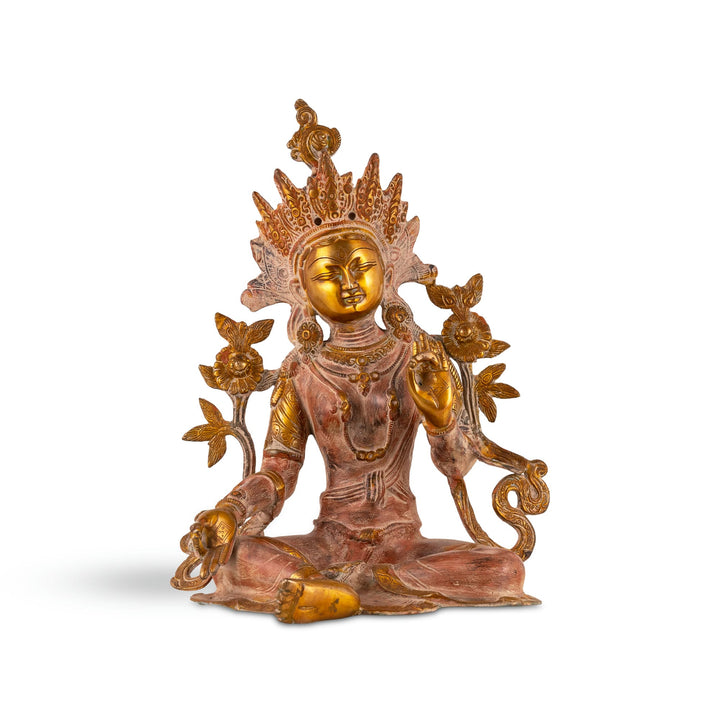 Dual-Tone Brass Tara Statue holding ascending lotus stems for a meditation space. 