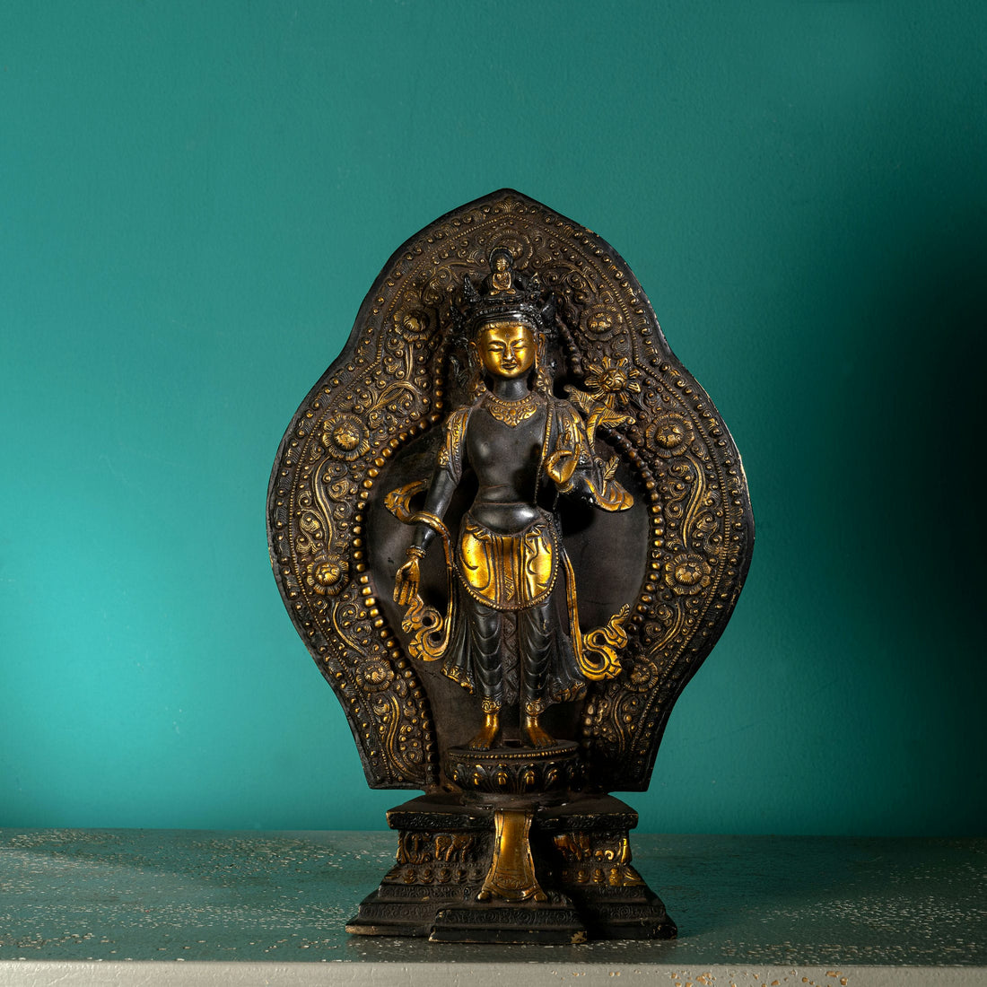 Black Oxidized Brass Standing Tara Statue: The Luminous Arch