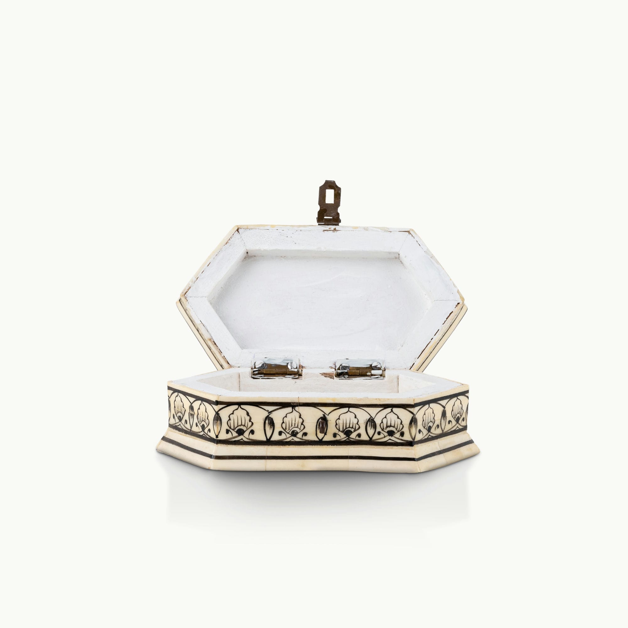 Octagonal painted camel bone box featuring black ink mandala motifs.