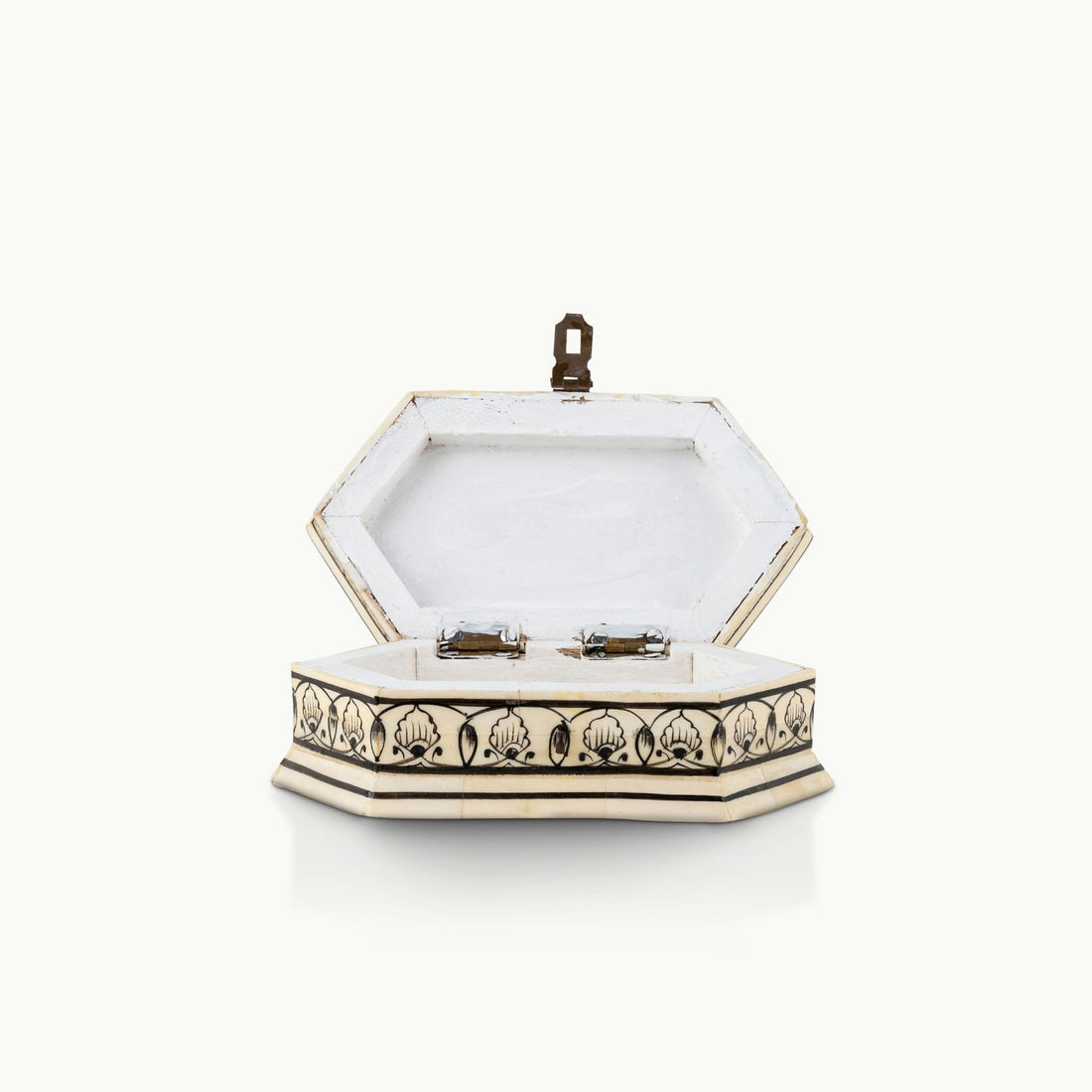 Octagonal painted camel bone box featuring black ink mandala motifs.