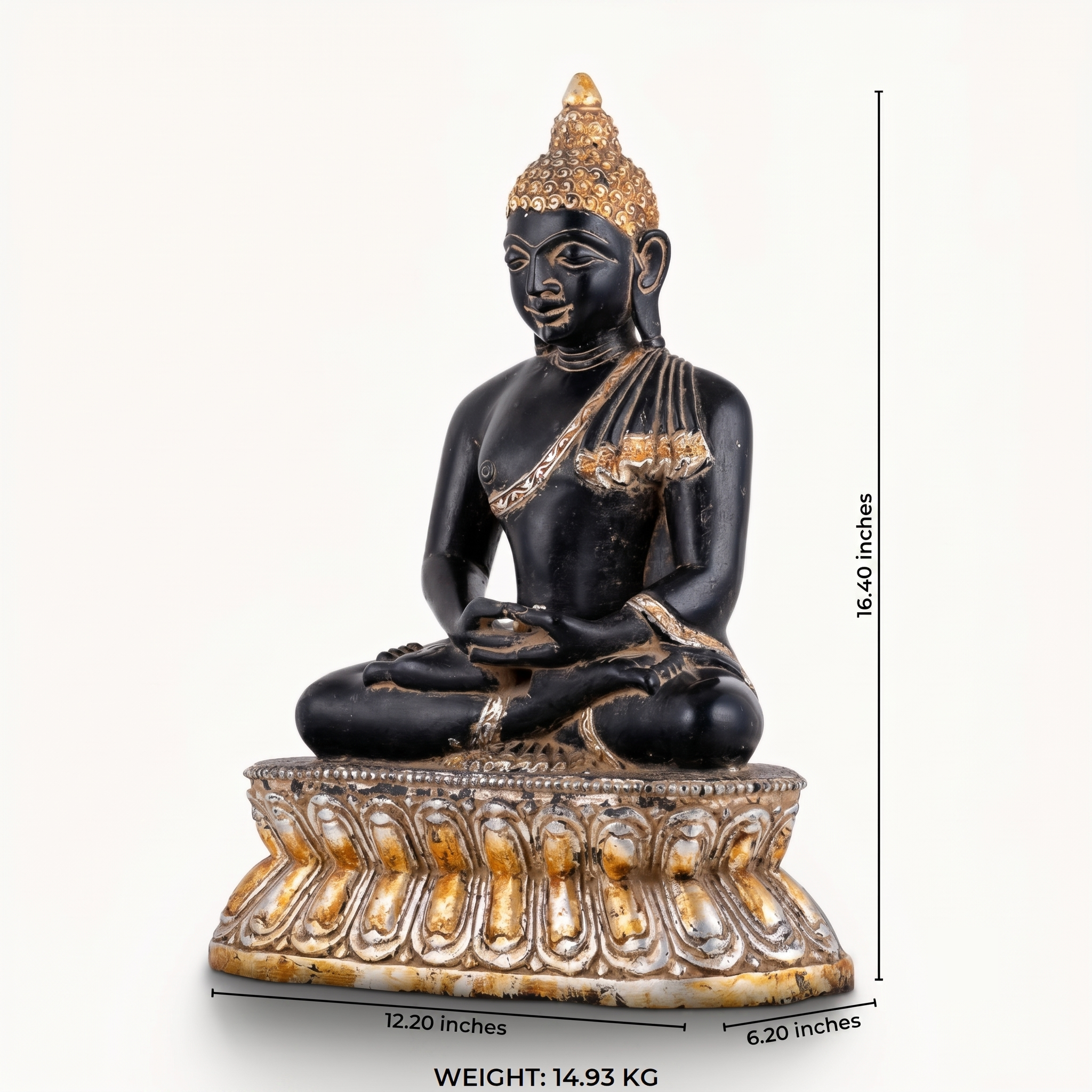 Black stone Buddha statue featuring a dark meditating figure with gold-accented robes.