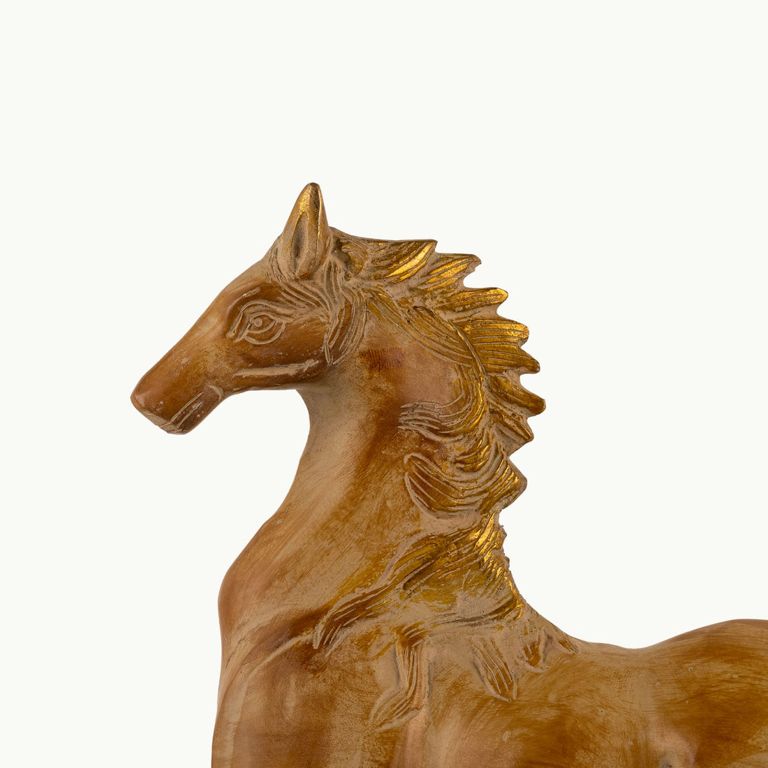 Antique resin-cast stylized horse figurine with gilded mane and tail