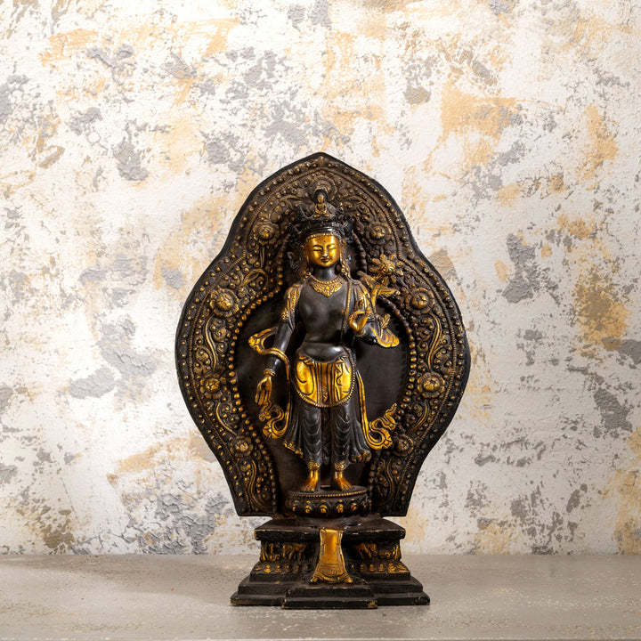 Black Oxidized Brass Standing Tara Statue: The Luminous Arch