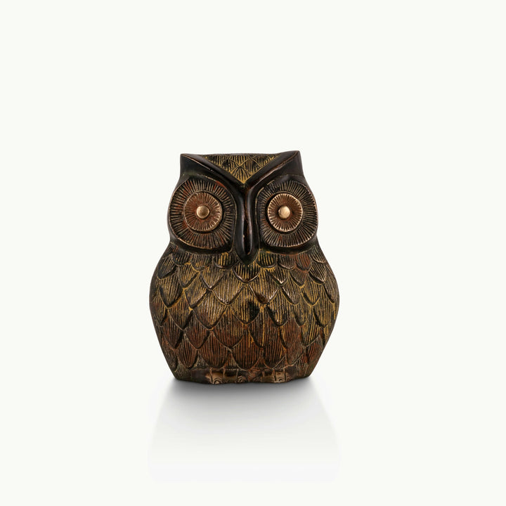 Antiqued brass owl sculpture with a dark oxidized finish and polished highlights.