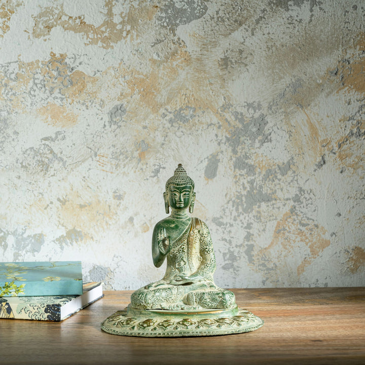 Distressed Verdigris Brass Buddha Statue: The Excavated Serenity