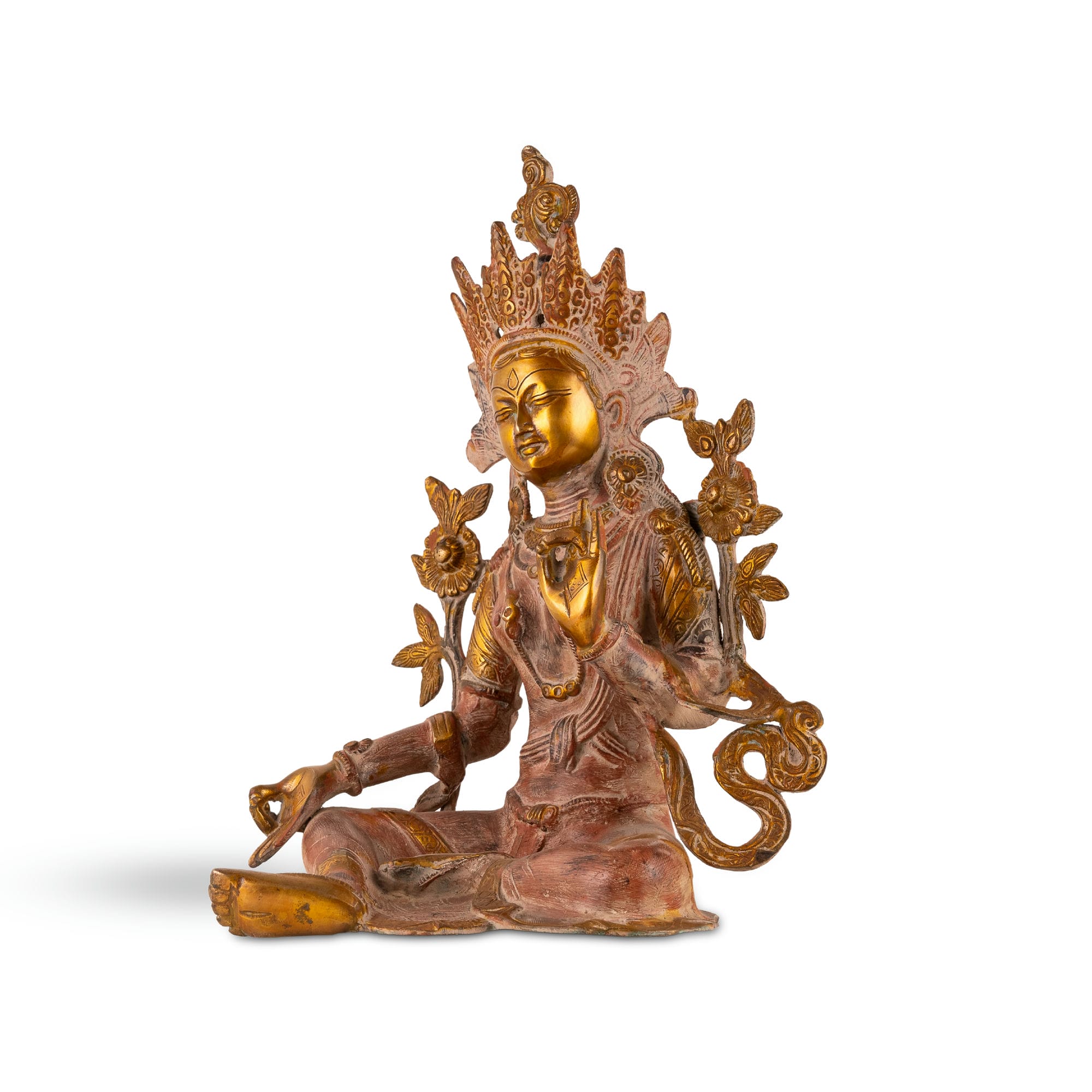 Handcrafted metal Buddhist goddess sculpture with polished golden highlights for a meditation space or spiritual sanctuary.