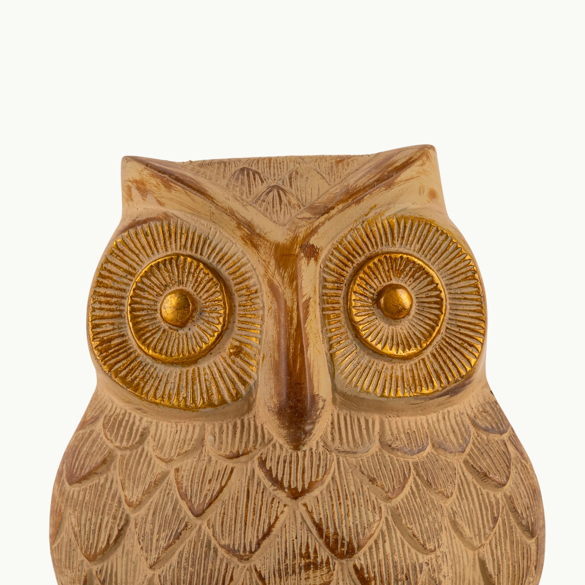 Whitewashed textured owl figurine with gilded eyes and accents