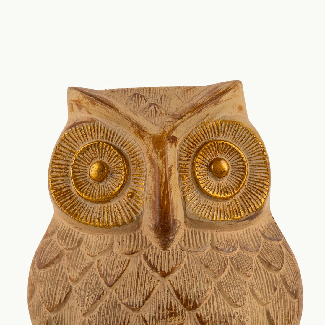 Whitewashed textured owl figurine with gilded eyes and accents