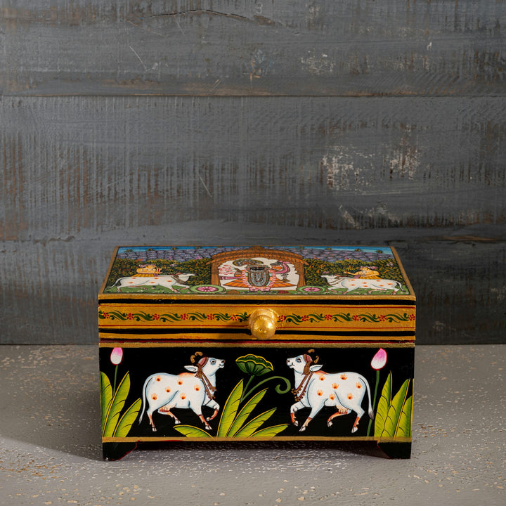 Elongated Painted Wooden Pichwai Box: The Govardhan Canopy