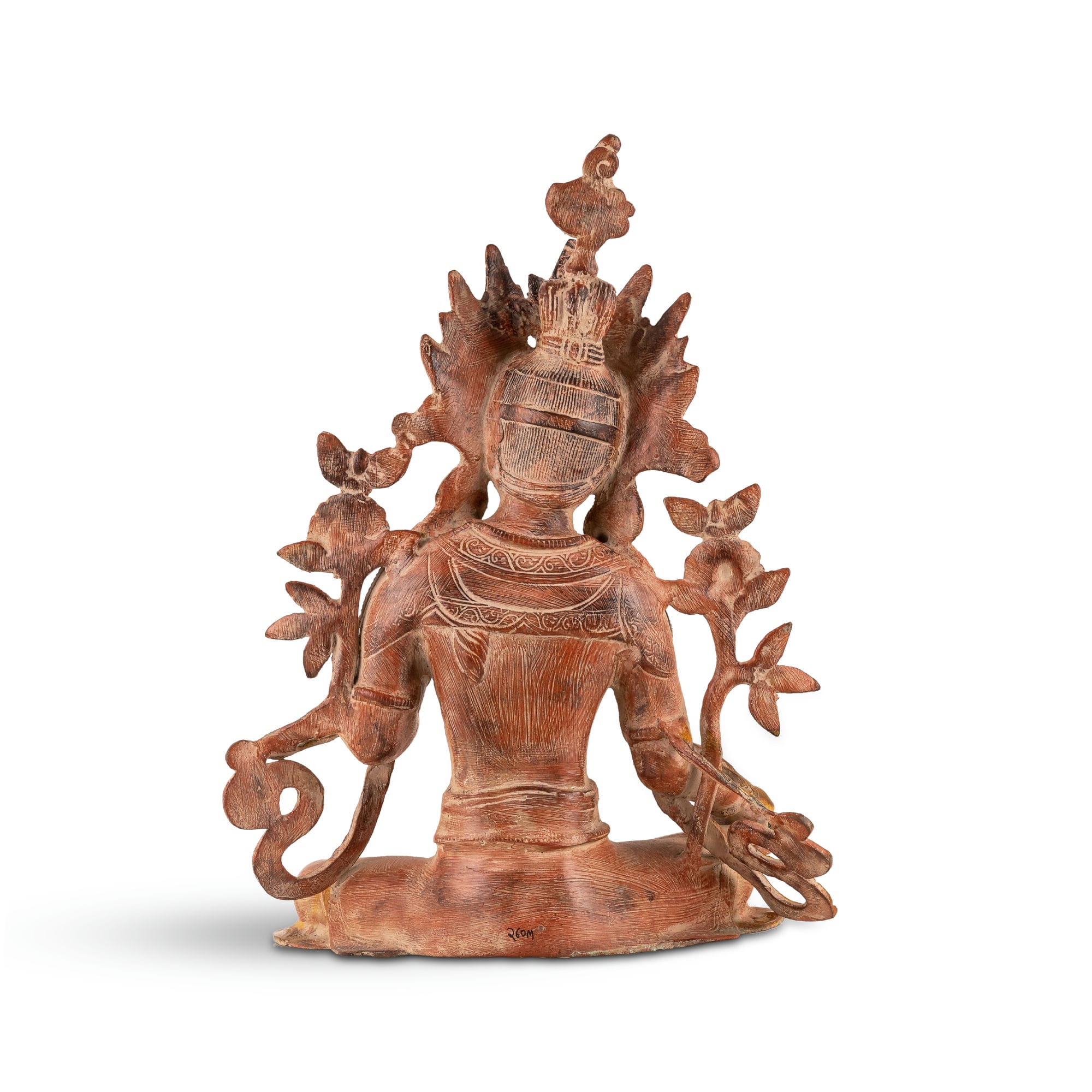 Handcrafted metal Buddhist goddess sculpture with polished golden highlights for a meditation space or spiritual sanctuary.