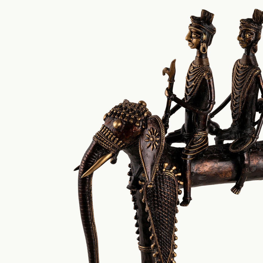 Dhokra Brass Processional Elephant Sculpture carrying three riders for a rustic wooden console