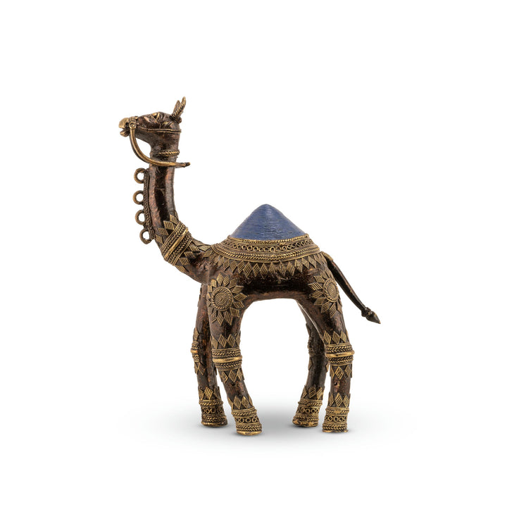 Engraved Brass Camel Sculpture with a blue resin hump for a wooden bookshelf. 